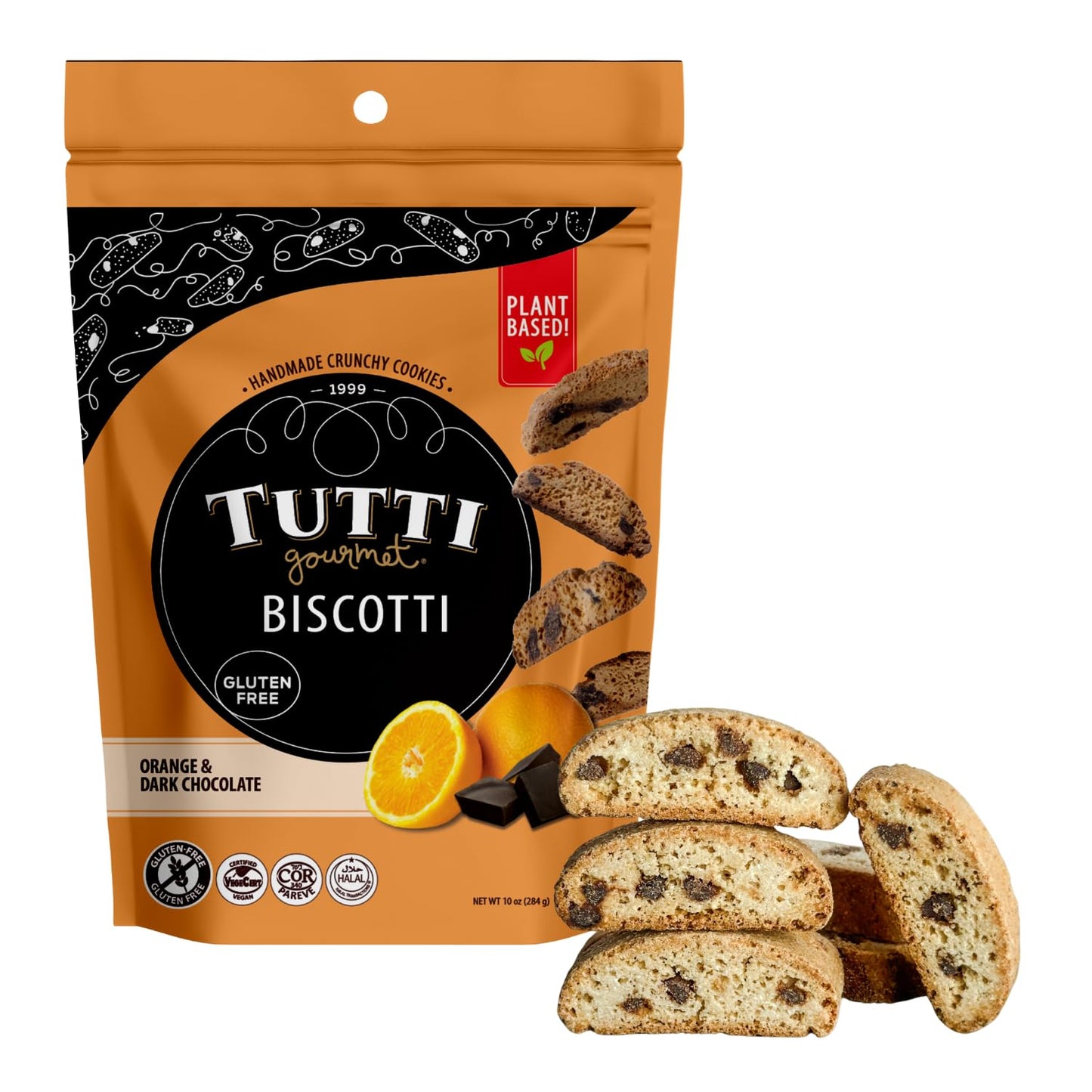Tutti Gourmet Gluten Free Orange & Chocolate Biscotti  9.9 Oz (283G) Resealable Cookie Bag - Vegan And Halal Snacks