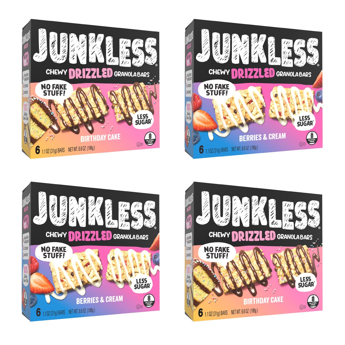 JUNKLESS Chewy Granola Bar 2-Flavor Variety Pack (24 Bars)-Non-GMO, Gluten-Free, Less Sugar Snack Bars- Drizzled Birthday Cake &