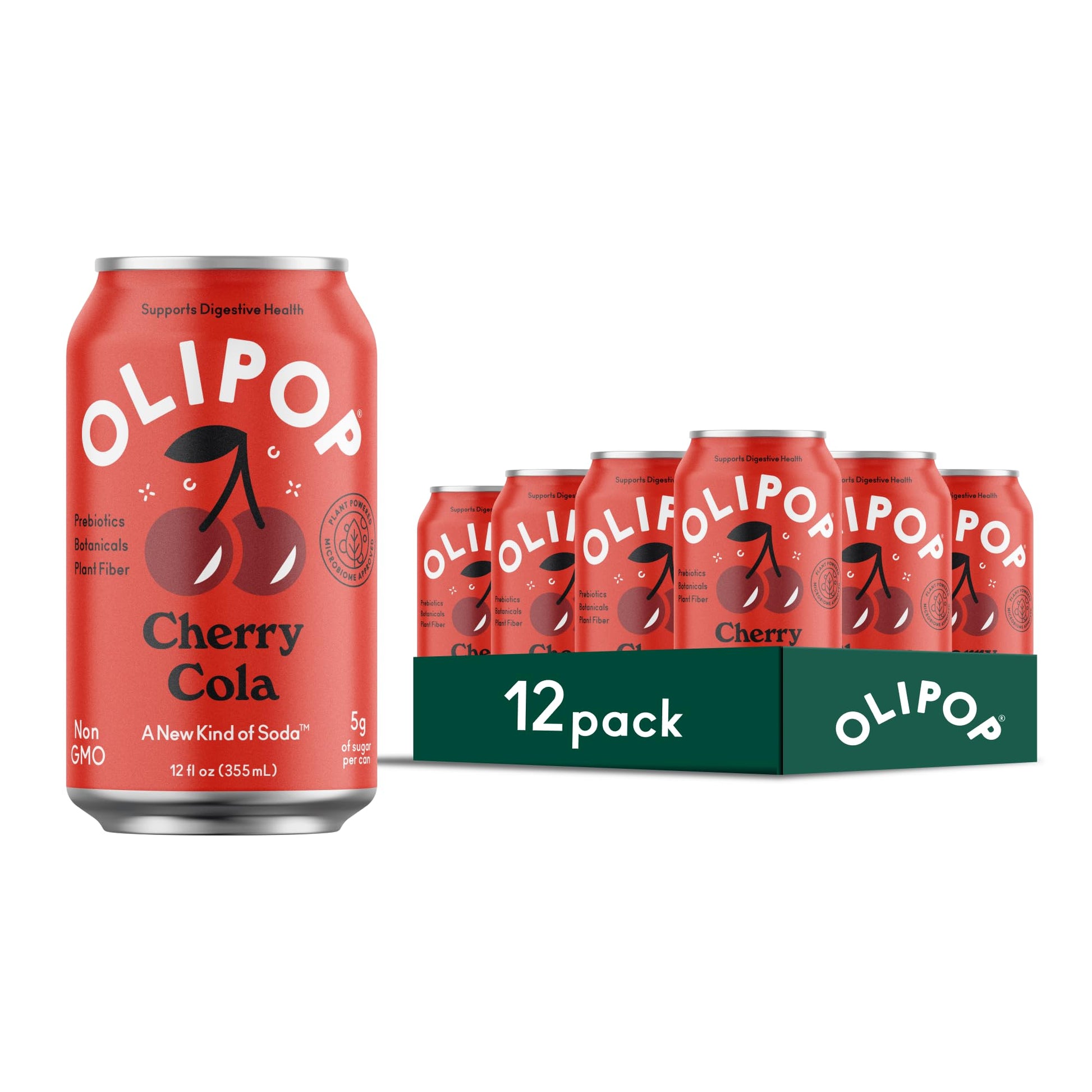 OLIPOP Prebiotic Soda Pop, Cherry Cola, Pantry Pack Packed with Prebiotics, Fiber, and Botanicals, Gluten Free, Vegan, GMO Free,