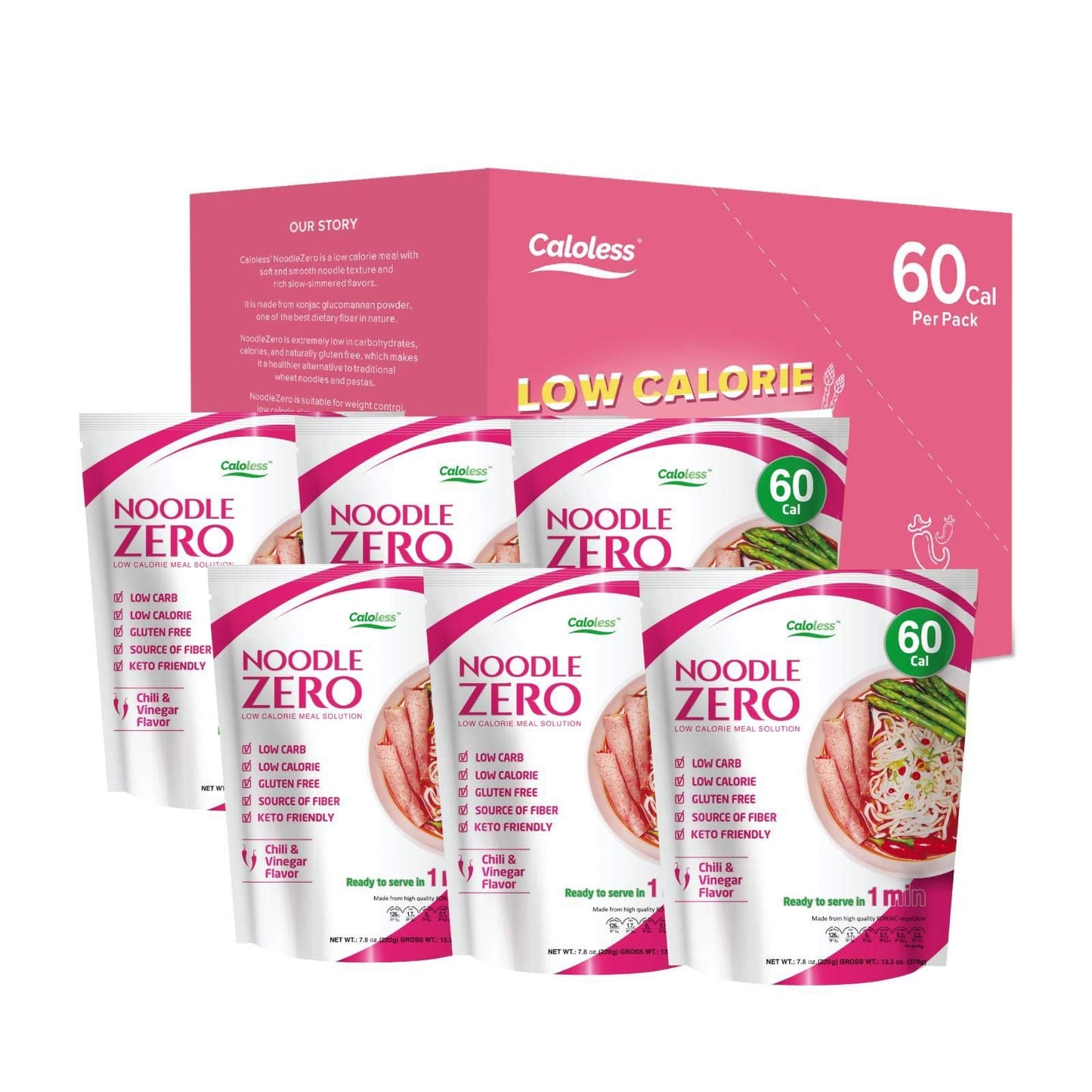 Caloless Konjac Shirataki Noodles 6-Pack Low Calorie healthy food (Chilli & Vinegar)-Gluten Free, Keto snacks, Non Gmo, Low Carb