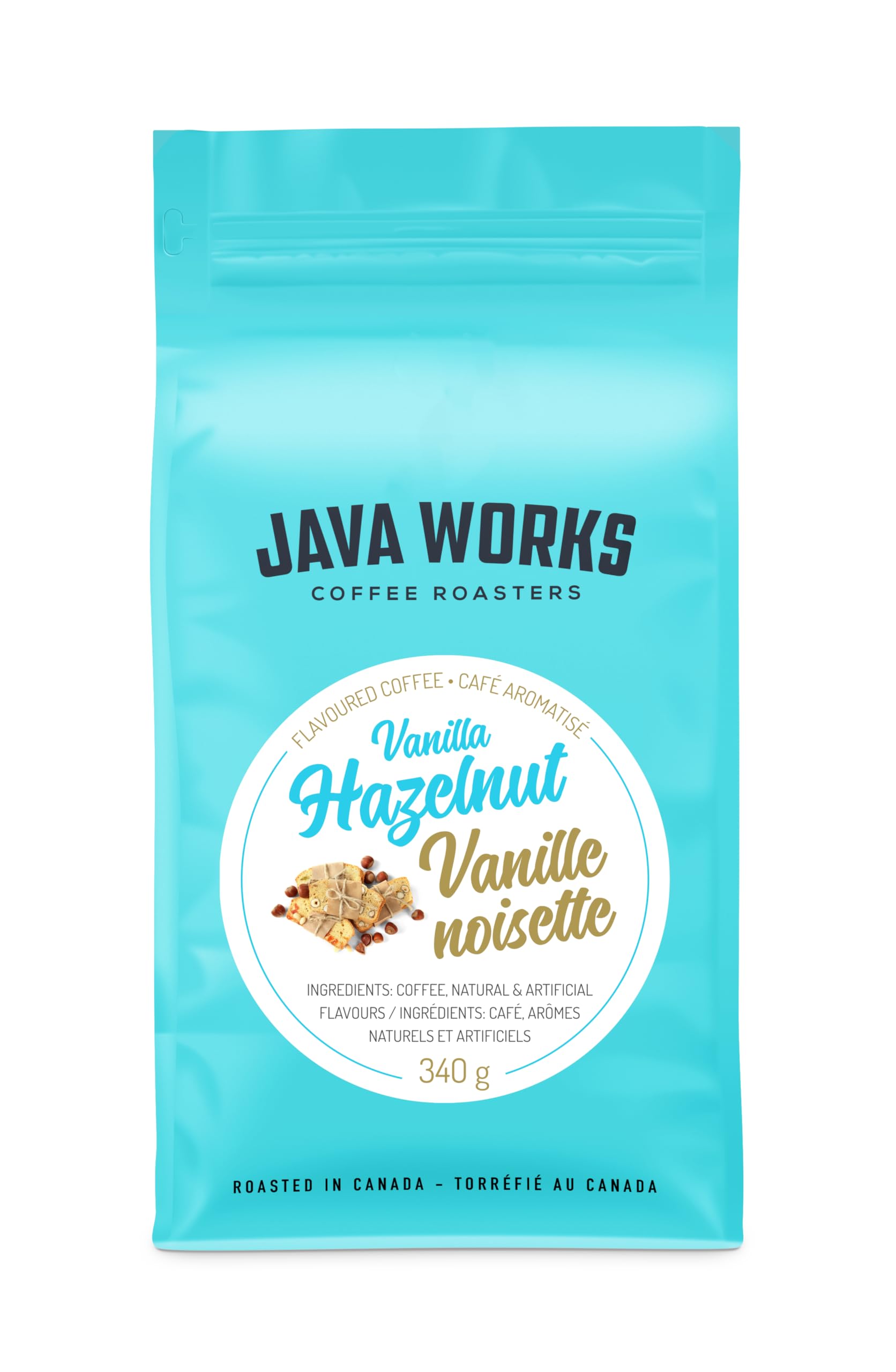 Java Works Coffee - Vanilla Hazelnut Flavored Coffee | 12 ounces | Medium Roast | Whole Bean | No Sugar Added