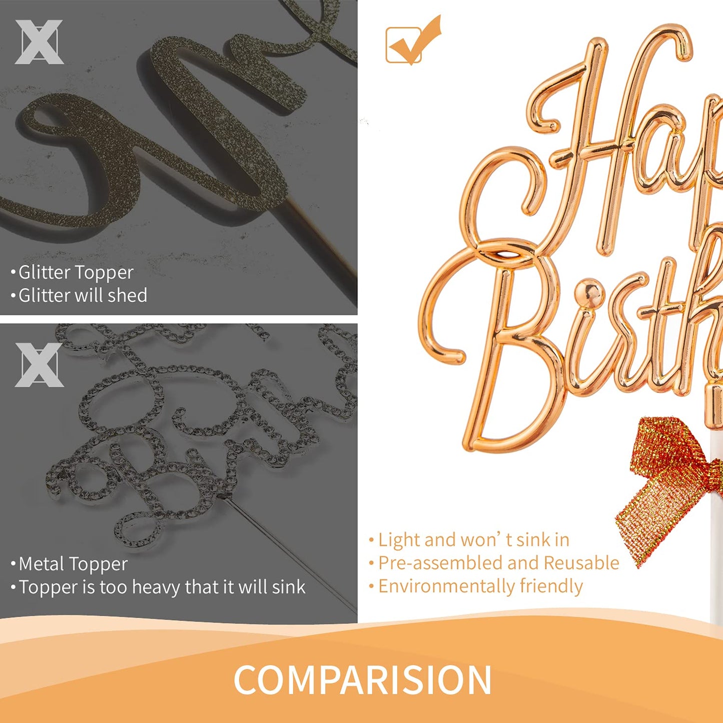 Gold Happy Birthday Cake Topper Plastic - 3D Double Sided Cursive Happy Birthday Sign For Cake With Bow, Idea For Birthday Cake