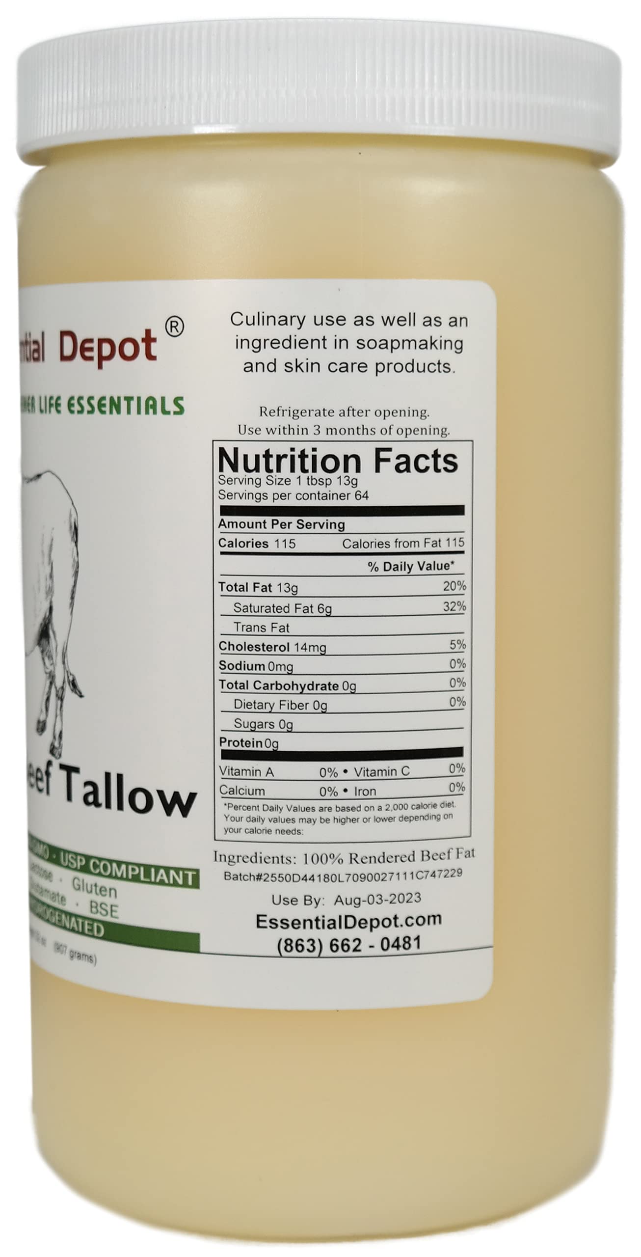 Beef Tallow - 1 Quart (32 oz nt wt) - Grass Feed - Non-GMO - Keto Friendly - Food Grade - FREE from LACTOSE-GLUTEN-GLUTAMATE-BSE