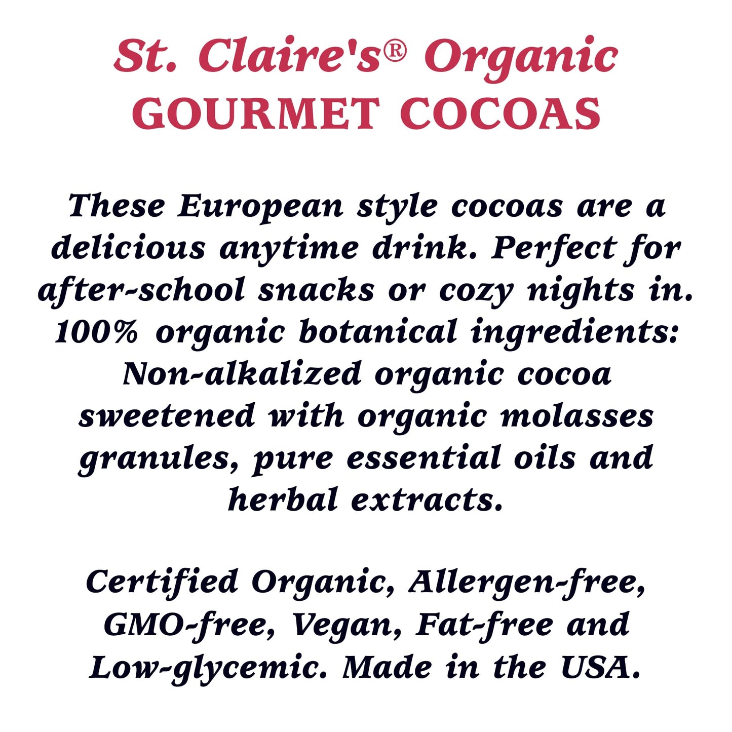 St. Claire'S Organic Gourmet Hot Cocoa, (Traditional, 12 Ounce Bag, 20 Servings) | Allergen-Free, Vegan, Gmo-Free, Gluten-Free |