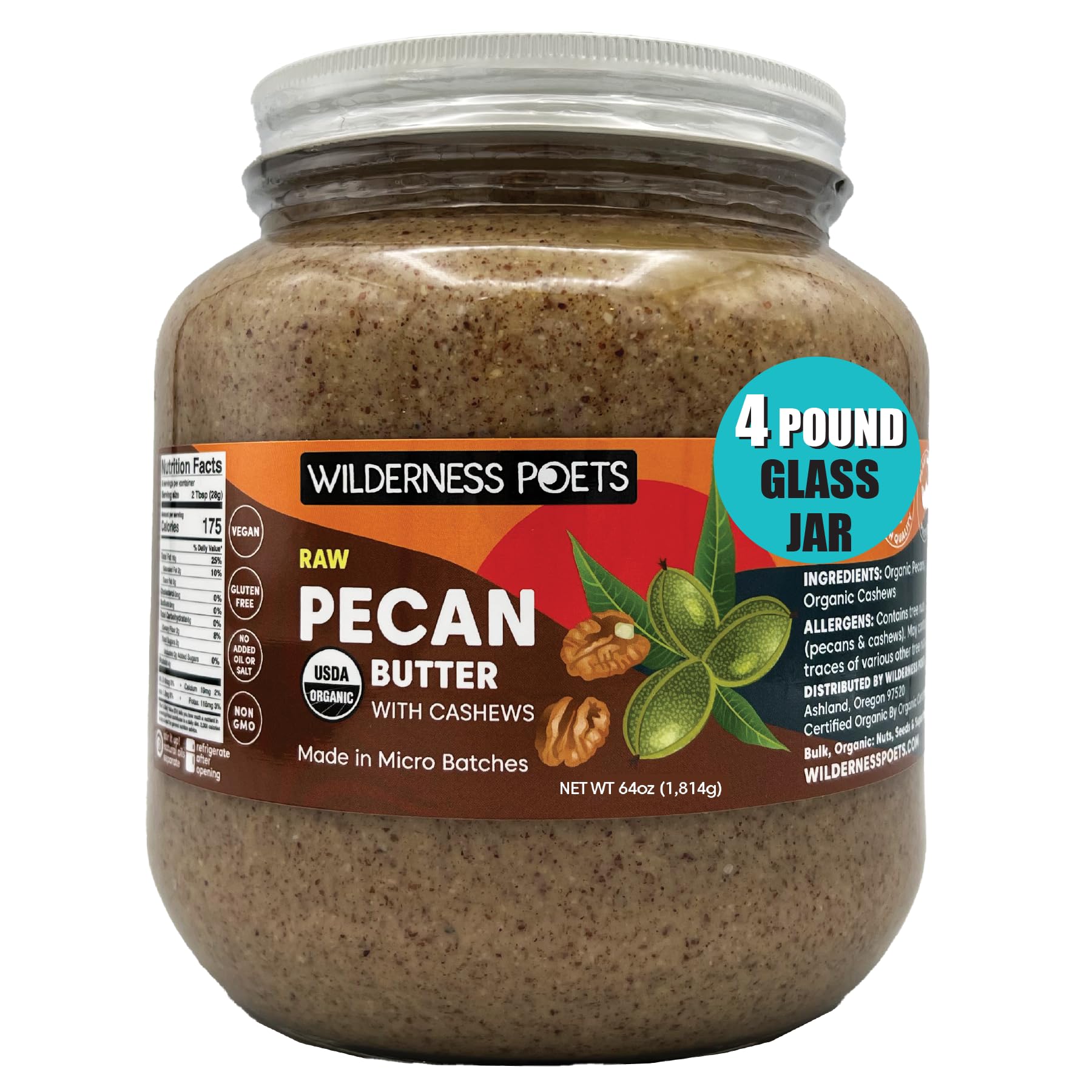 Wilderness Poets, Pecan Butter - Organic, Raw, Bulk Size (64 Ounce - 4 Pound) - Half Gallon Glass Jar