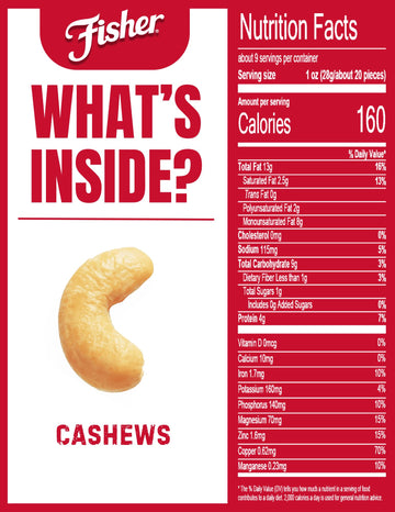 Fisher Snack Oven Roasted Never Fried, Sea Salt Whole Cashews, 8.75 Ounce