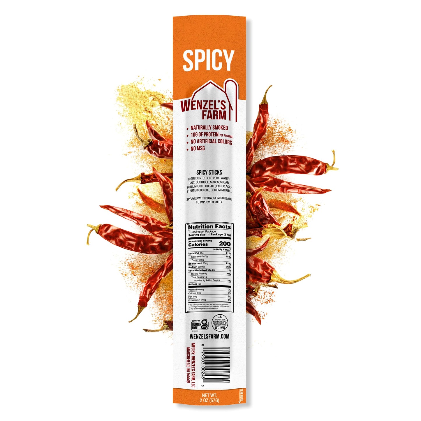 Wenzels Farm Spicy Sticks - High Protein, Low Carb, Gluten Free - 32 Count (16 Packs of 2) - Model 00247