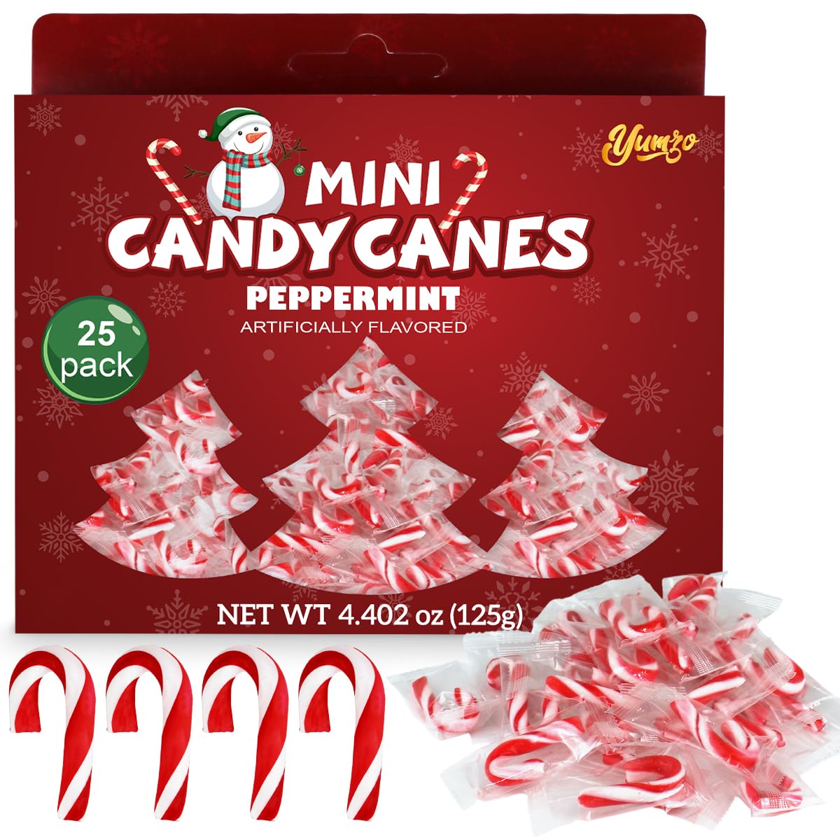 Yumzo Christmas Mini Candy Canes, Classic Red & White Peppermint Flavor, Individually Wrapped, 25 Count