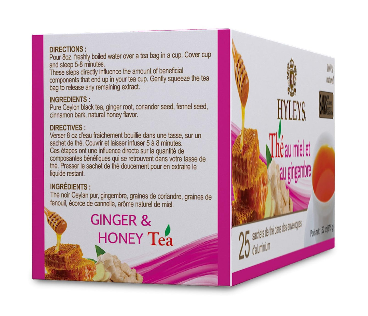 HYLEYS Ginger & Honey Black Tea - Natural Digestive Support - 25 Tea Bags (Pack of 12) - Ceylon Tea, 300 Total Bags