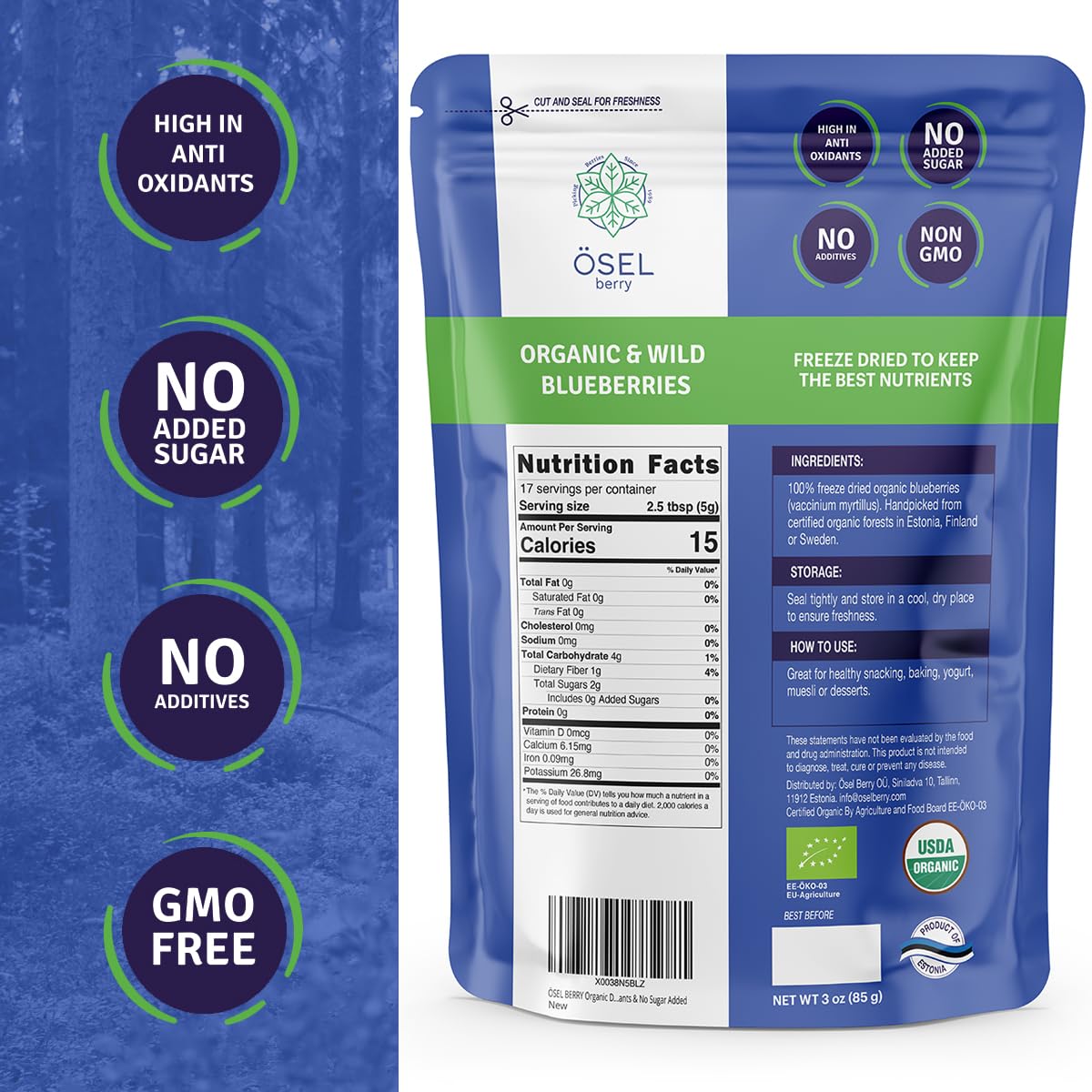 Ösel Berry Organic Dried Blueberries - 100% Unsweetened Wild Blue Berries | Handpicked Freeze Dried Blueberries - Organic & Fresh | Dry Whole Fruit Blueberry - Rich In Antioxidants & No Sugar Added