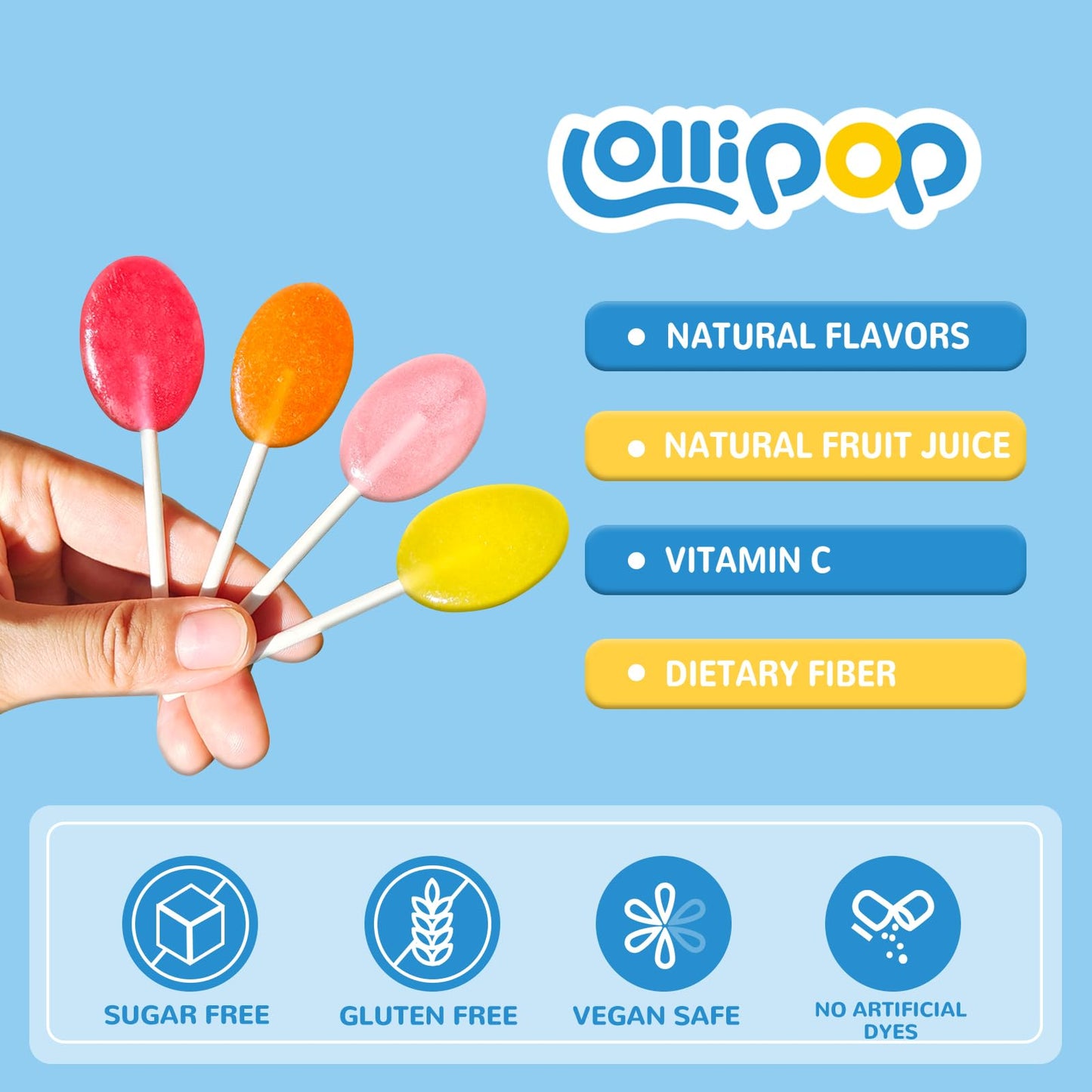 DC24 DAILY CARE Sugar Free Lollipops, Assorted Fruit Flavors, 64 Count, Non-GMO, Gluten Free, with Vitamin C, Orange