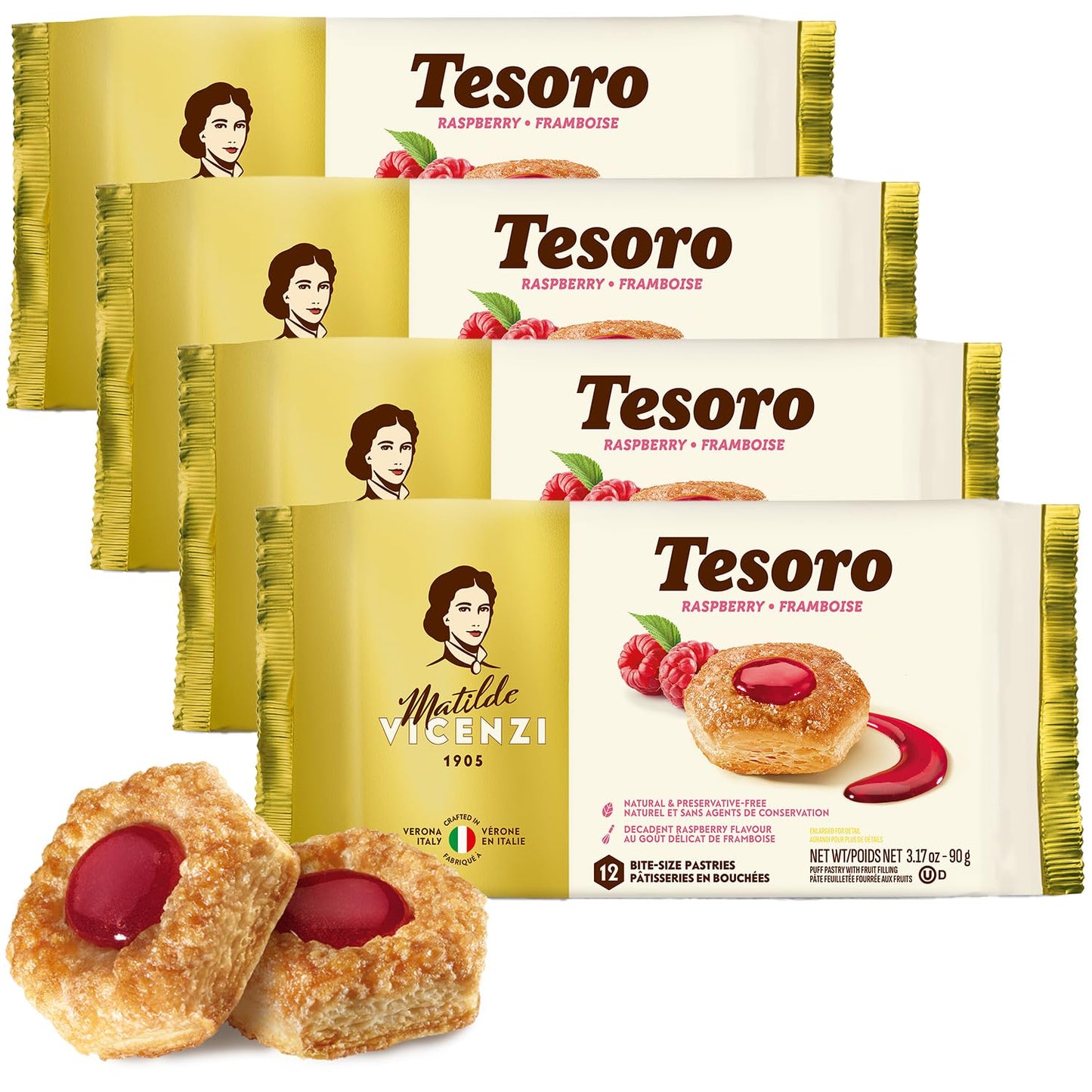 Tesoro Raspberry Filling By Pasticceria Matilde Vicenzi, Raspberry Cream Filled Puff Pastry Patisserie, Kosher Dairy, Made In Italy, 3.17Oz (90G), 4-Pack