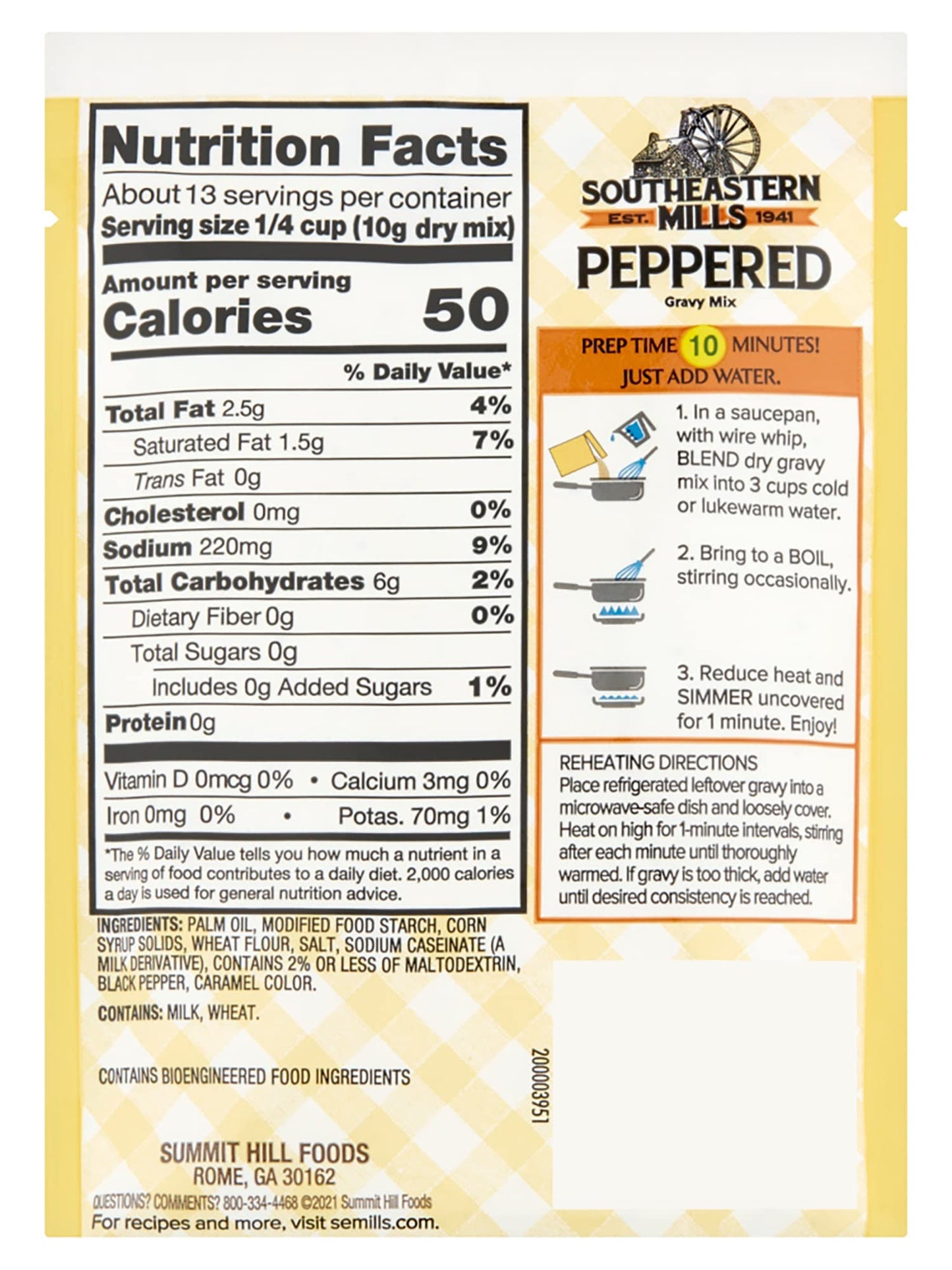 Southeastern Mills Gravy Mix Packet, Peppered Gravy Mix, Makes 3 ½ Cups Of Gravy, Just Add Water, Family Size Packet, 4.5-Ounce Packet (Pack Of 24 Packets)