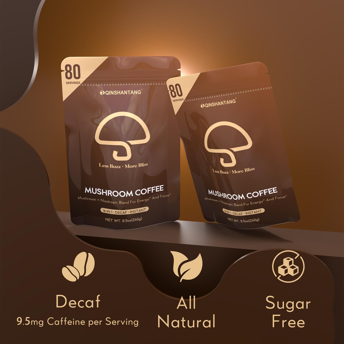 Decaf Mushroom Instant Coffee  14 Mushrooms dietary product  Large 80 Servings | Lions Mane  Reishi  Chaga  Cordyceps  Shiitake | Energy Focus Immunity | Decaffeinated Instant Coffee Powder  8.5 Oz