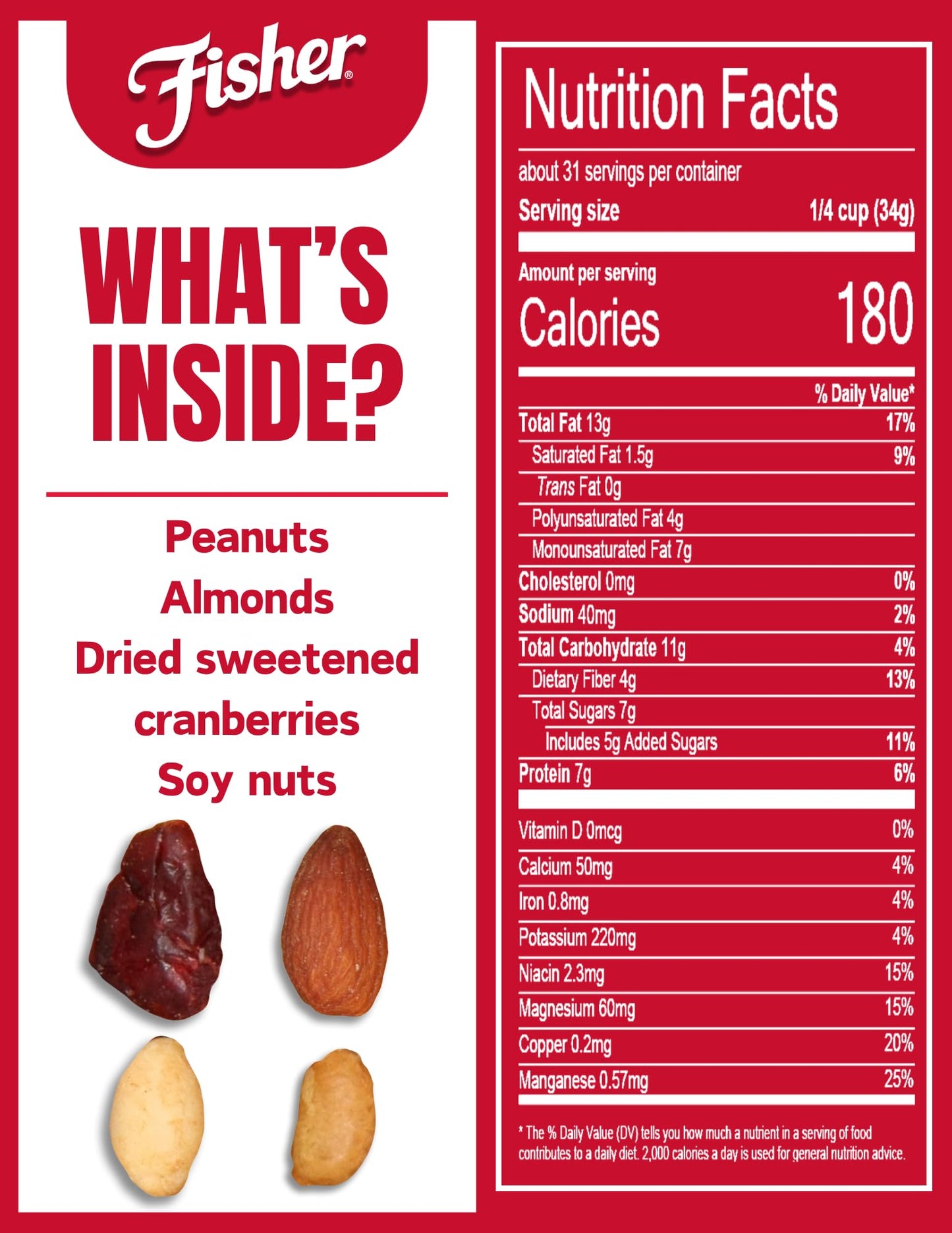 Fisher Snack Hunger Fighter Trail Mix, 38 Ounces, Peanuts, Almonds, Dried Sweetened Cranberries, Soy Nuts