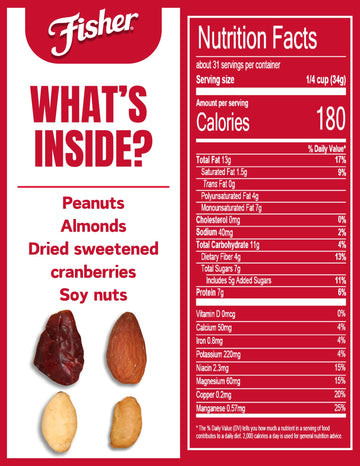 Fisher Snack Hunger Fighter Trail Mix, 38 Ounces, Peanuts, Almonds, Dried Sweetened Cranberries, Soy Nuts