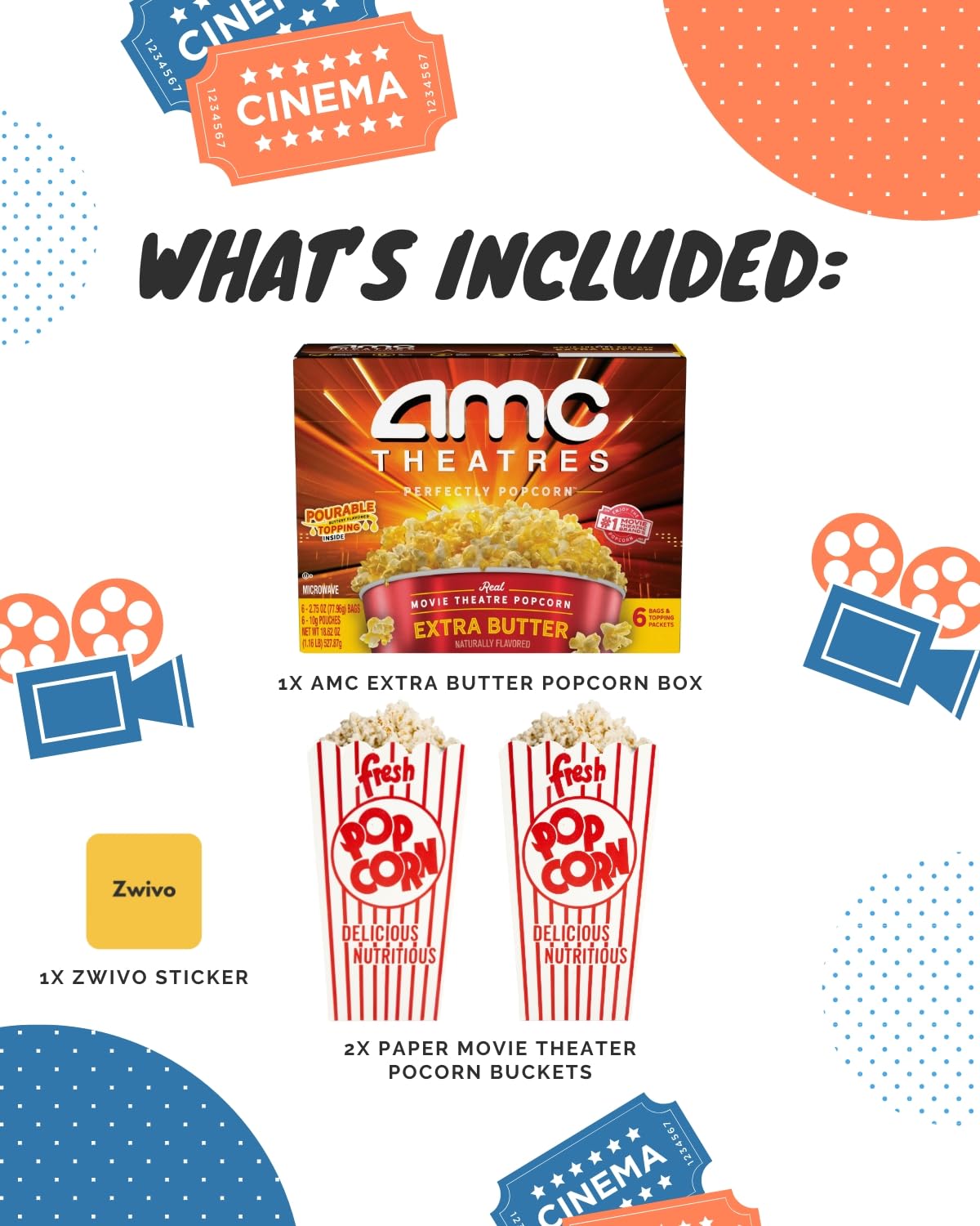 Zwivo AMC Popcorn Microwave Popcorn Gift Set - Extra Butter Flavor, 16.5 Ounce, Includes 2 Bags & Sticker