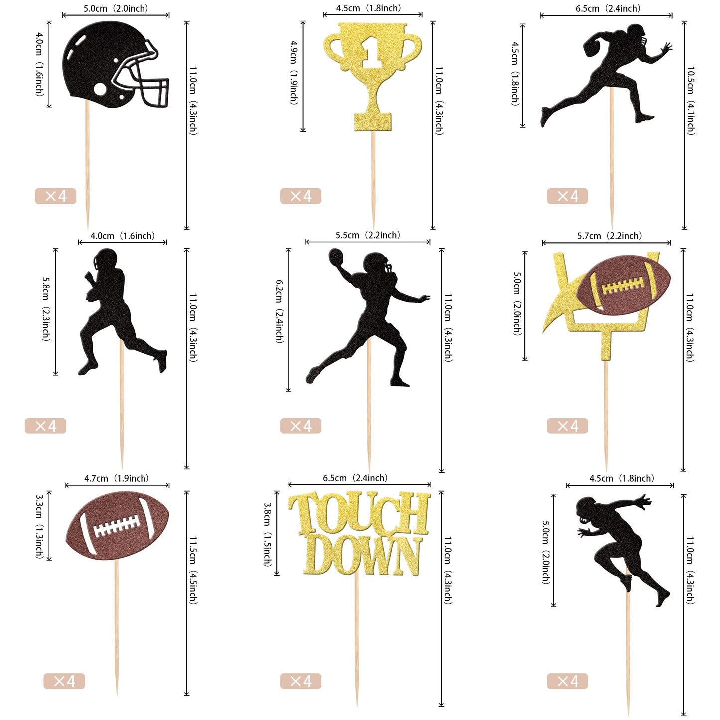 ZHUOWEISM 24 PCS Cupcake Toppers, Glitter Football & Rugby Ball, Small Size, Design 7, Bamboo Material for Parties & Celebrations