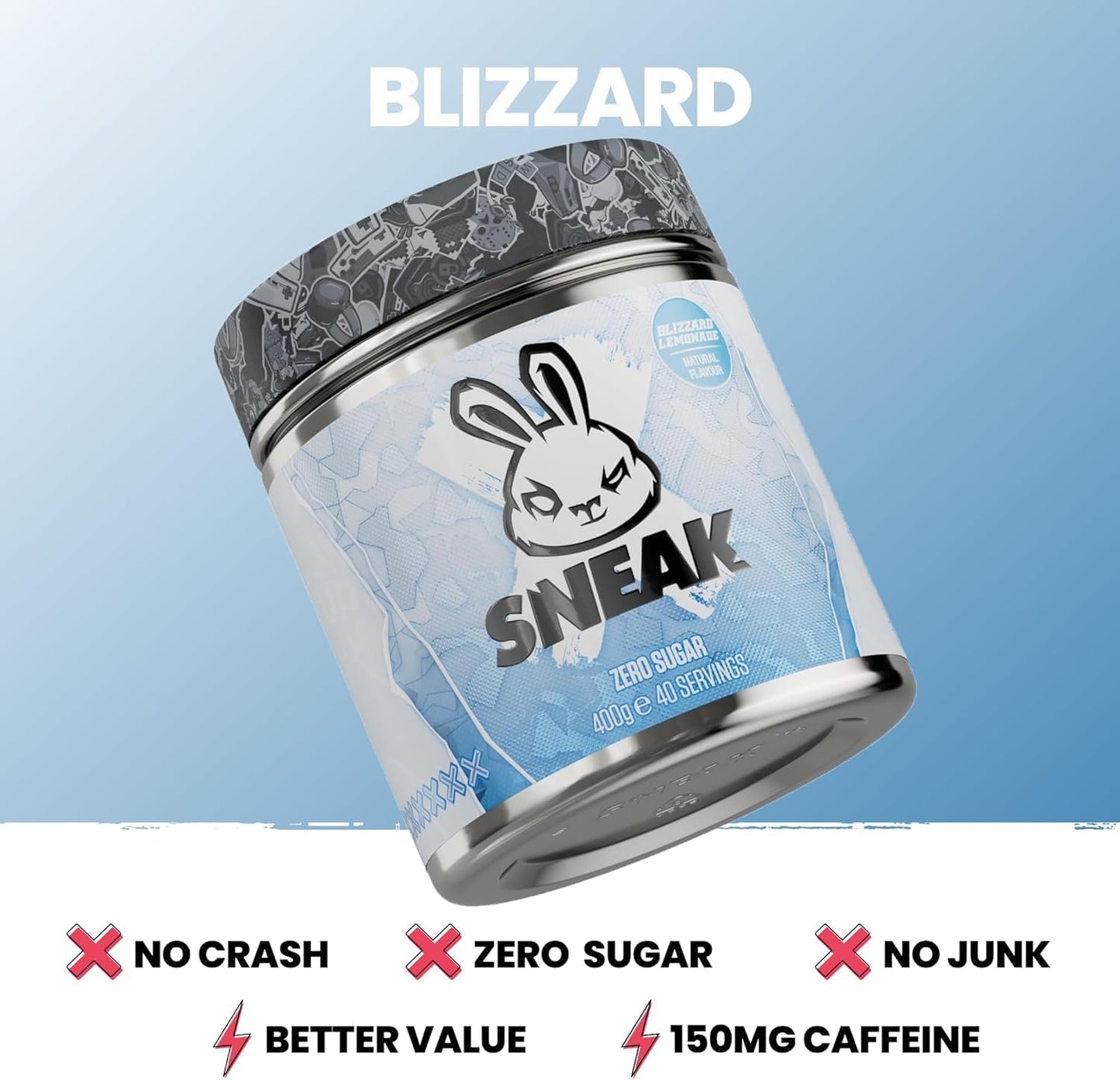 SNEAK Energy Drink Powder - Blizzard Lemonade, 40 Servings, No Sugar, Natural Caffeine, Focus-Boosting Nootropics