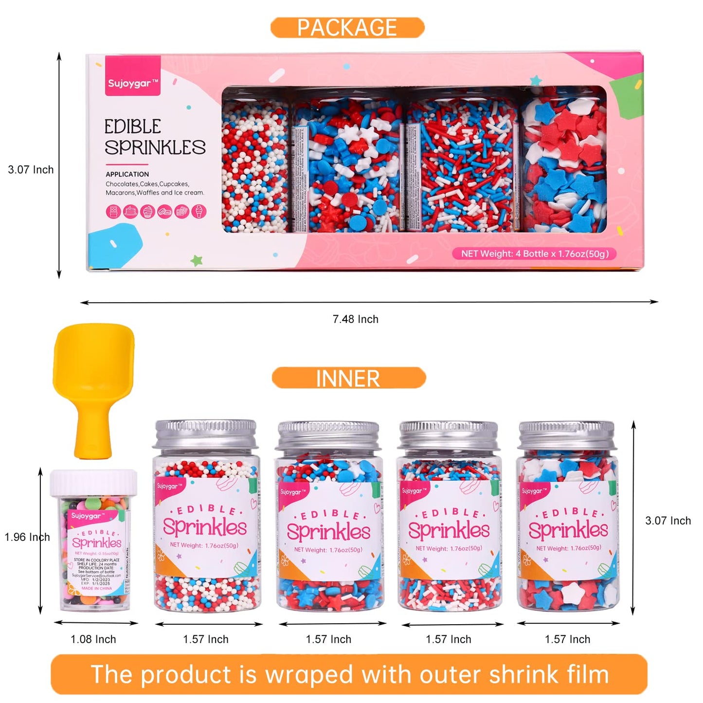 Patriotic Sprinkles Set, Food Grade 50G/Bottle, 4Th Of July, Sujoygar, Independence Day Sprinkles For Cupcake Decorating, Cookie