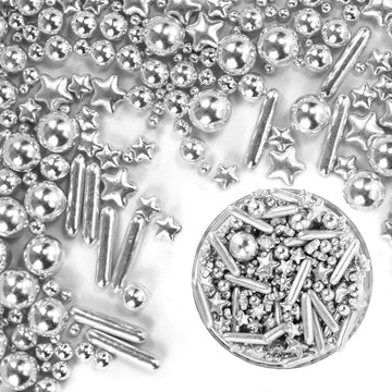 Dazzjoy Edible Silver Star Pearl Sprinkles, Ball Sugar Candy, Edible Silver Pearls for Cake Sprinkles, 130g/4.58oz, Cupcake & Co