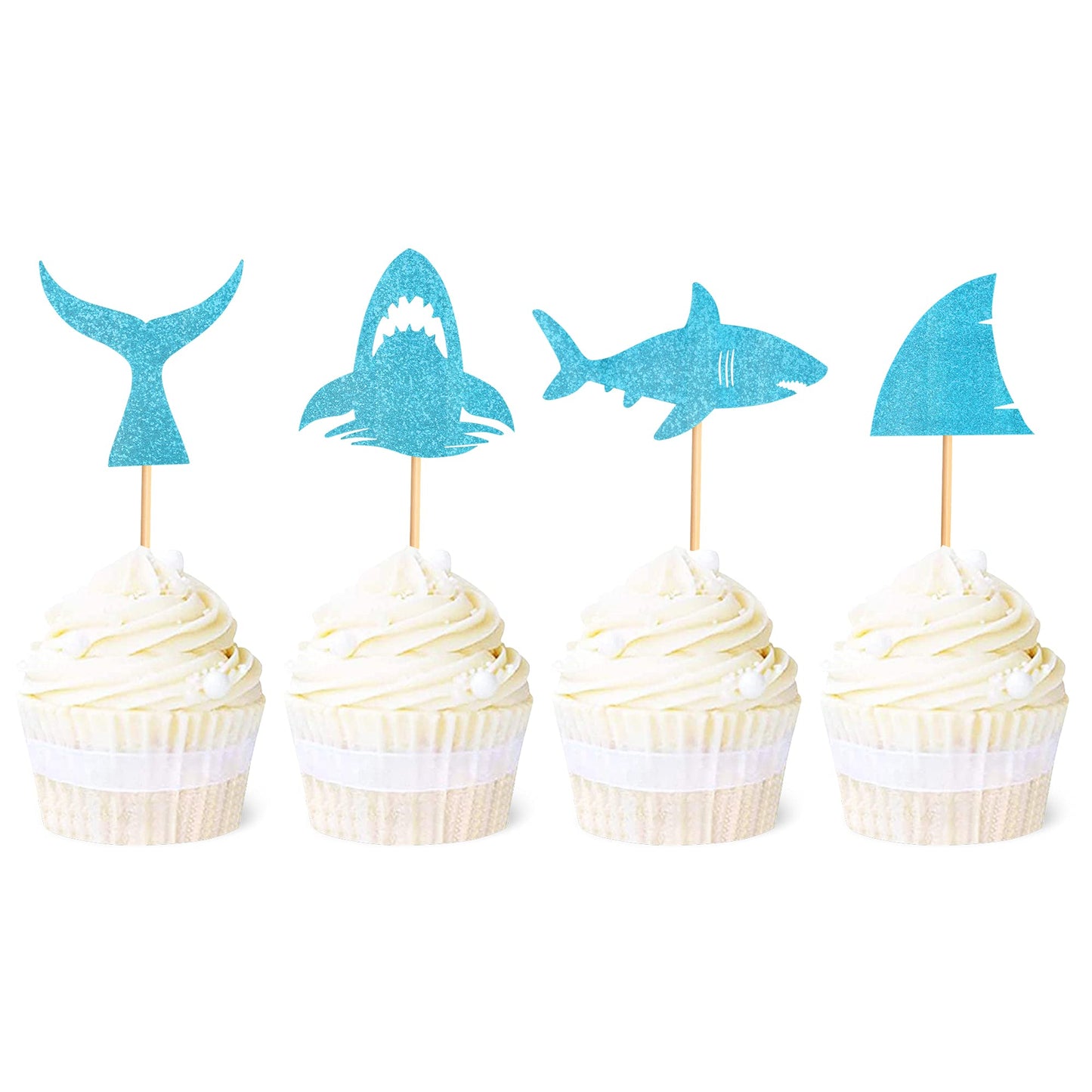 Ercadio Shark Cupcake Toppers - 24 Piece Assortment, Blue Glitter Shark Fin, Ocean Animals Theme for Baby Shower & Kids Birthday Party