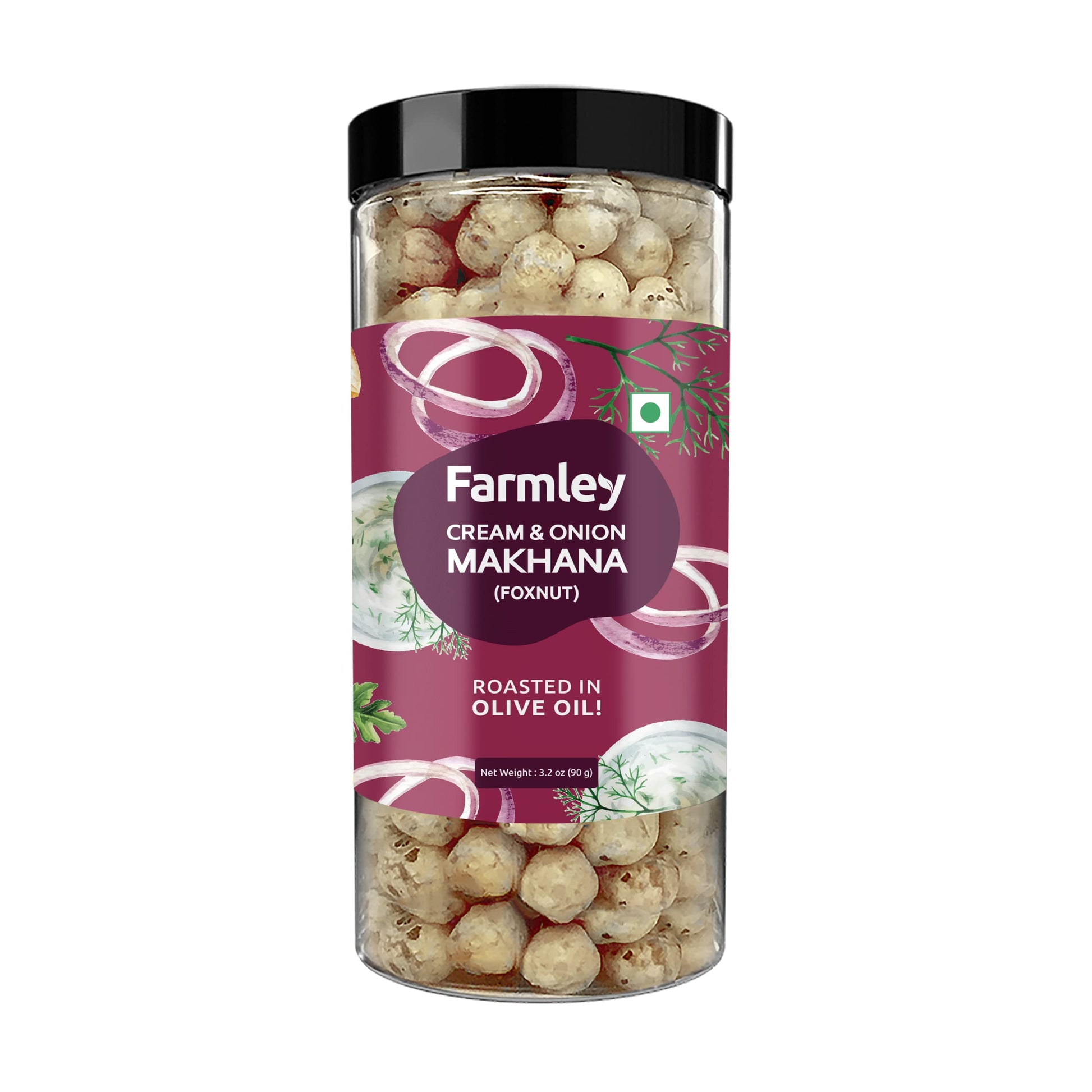 Farmley Makhana Snacks | Gluten Free Roasted Crisps | High Protein & Fiber | Cream & Onion Flavor | 3.2 Oz (Pack of 1)