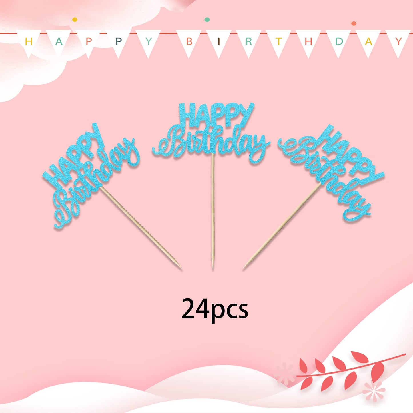 YCTHUNFISH 24 Pack Cupcake Toppers - Glitter Blue Bamboo Picks for Birthday & Baby Shower Party Decorations