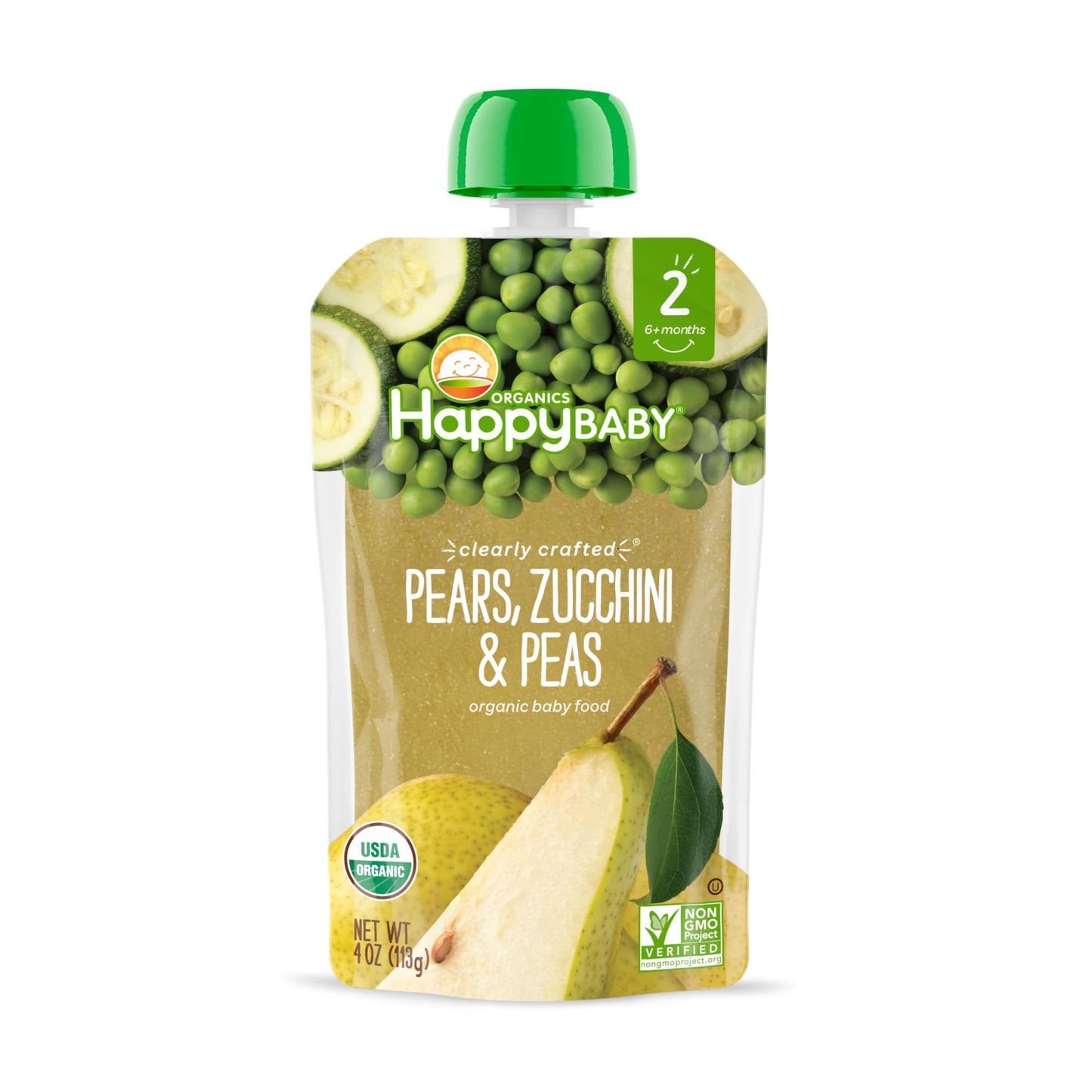 Happy Baby Organics Clearly Crafted Stage 2 Baby Food, Pears, Zucchini & Peas, 4 Ounce Pouch (Pack Of 16)