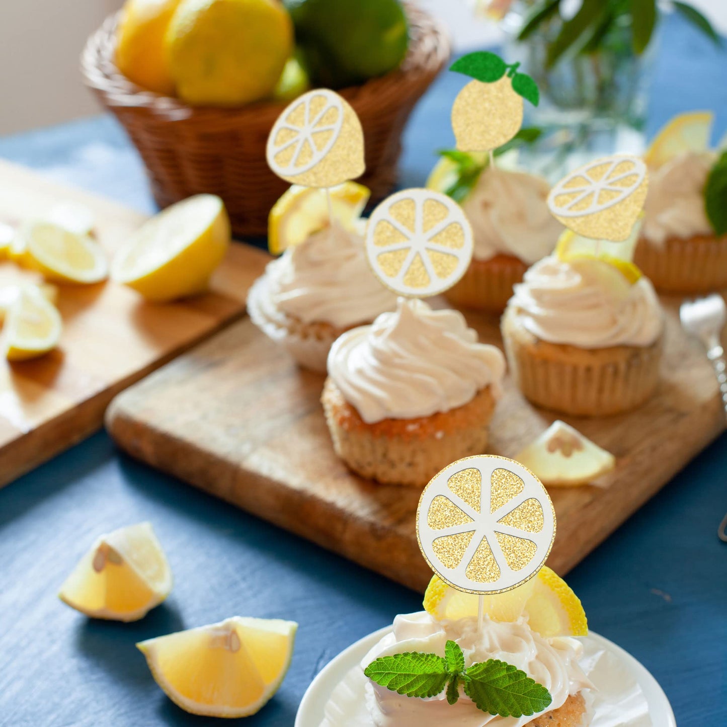 24Pcs Lemon Cupcake Toppers Glitter Flower Ring Fruit Bridal Shower Cupcake Picks For Lemonade Engagament Party Baby Shower Birt