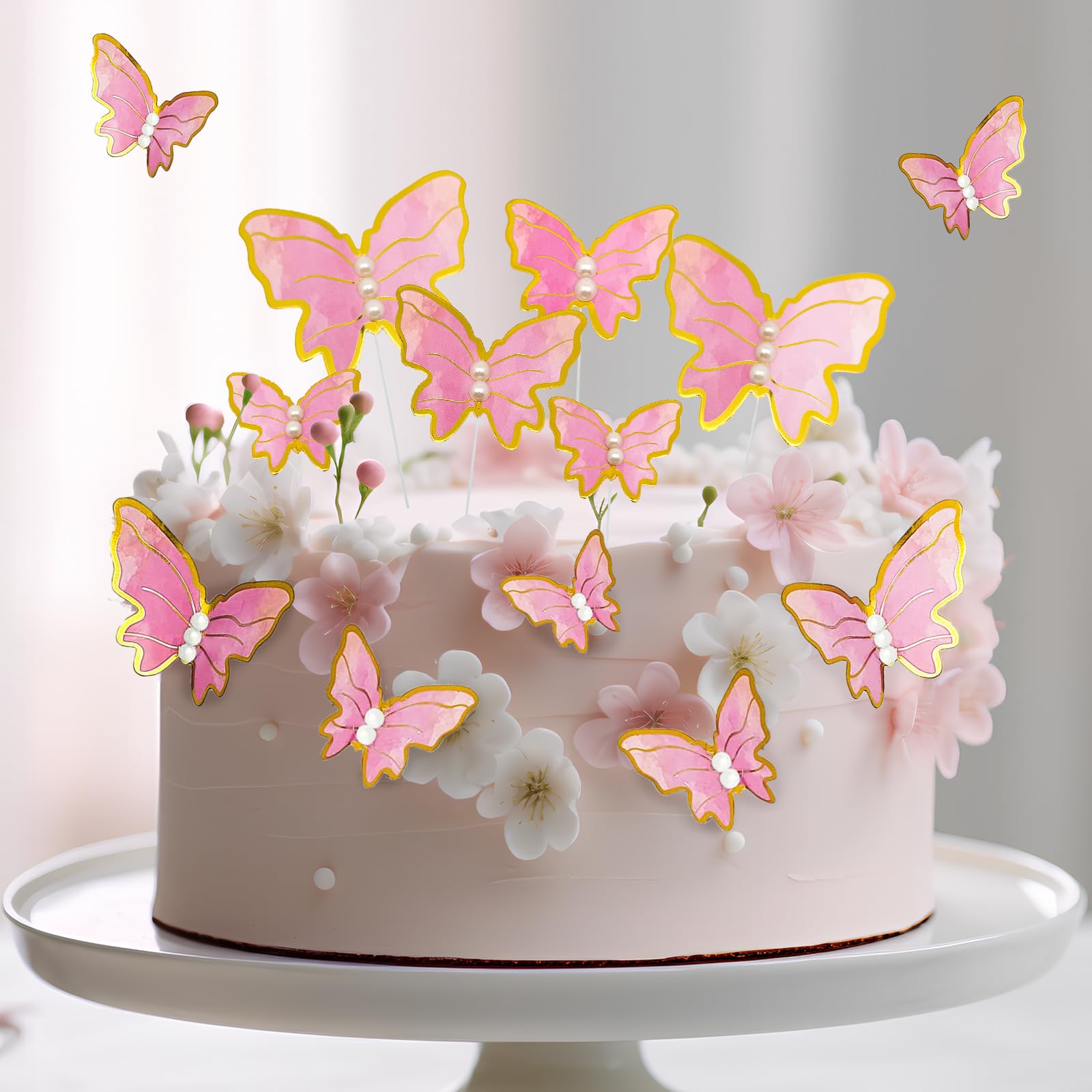 AimtoHome Butterfly Cupcake Toppers Set of 48 3D Pink Butterfly Cake Topper with Pearls for Cake Decorations, Mixed Size