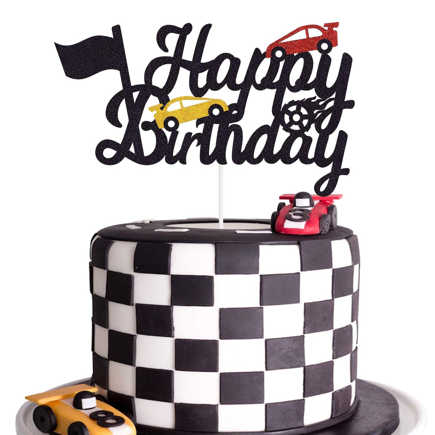 Marwey Race Car Cake Topper - Double-Sided, Paper, 1 Count, Chequered Flag Birthday Party Decorations, Happy Birthday Theme