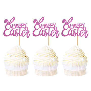 Ercadio 36 Pack Happy Easter Cupcake Toppers Glitter Rabbit Ear Cupcake Picks Happy Easter Theme Party Cake Decorations Purple