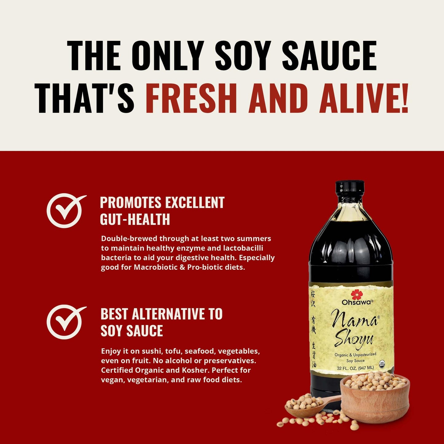 Ohsawa Nama Shoyu, Organic and Aged in 150 Year Cedar Kegs for Extra Flavor - Japanese Soy Sauce, Non-GMO, Vegan, Kosher - 32 oz