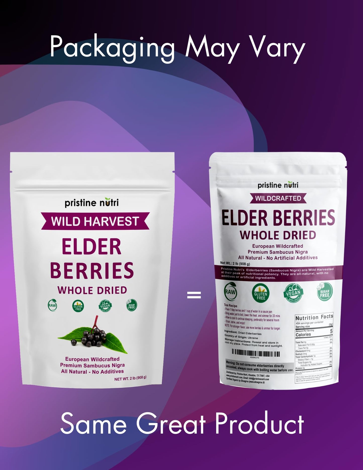 Pristine Nutri Dried Elderberries | Wildcrafted, Non-GMO | 2 lb (32 oz) Immunity Booster Antioxidants and Vitamins