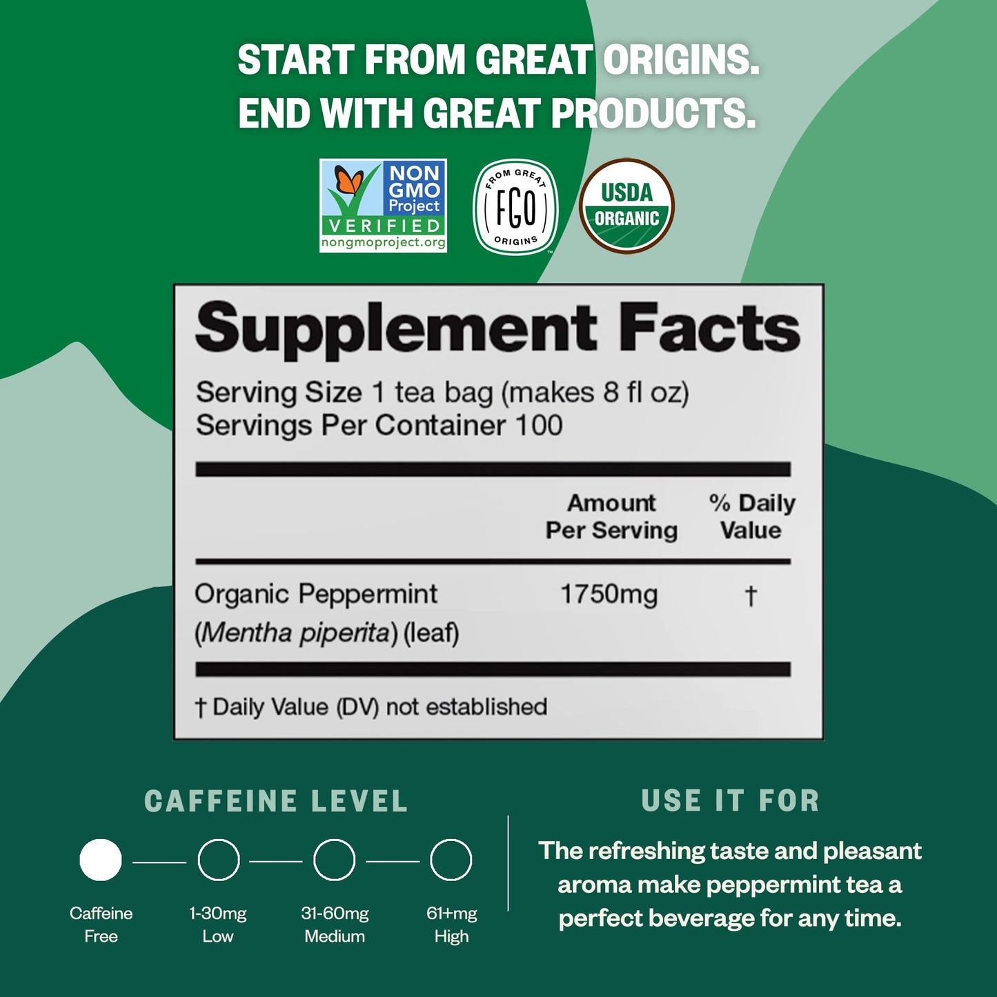 Fgo Organic Peppermint Tea, Eco-Conscious Tea Bags, 100 Count