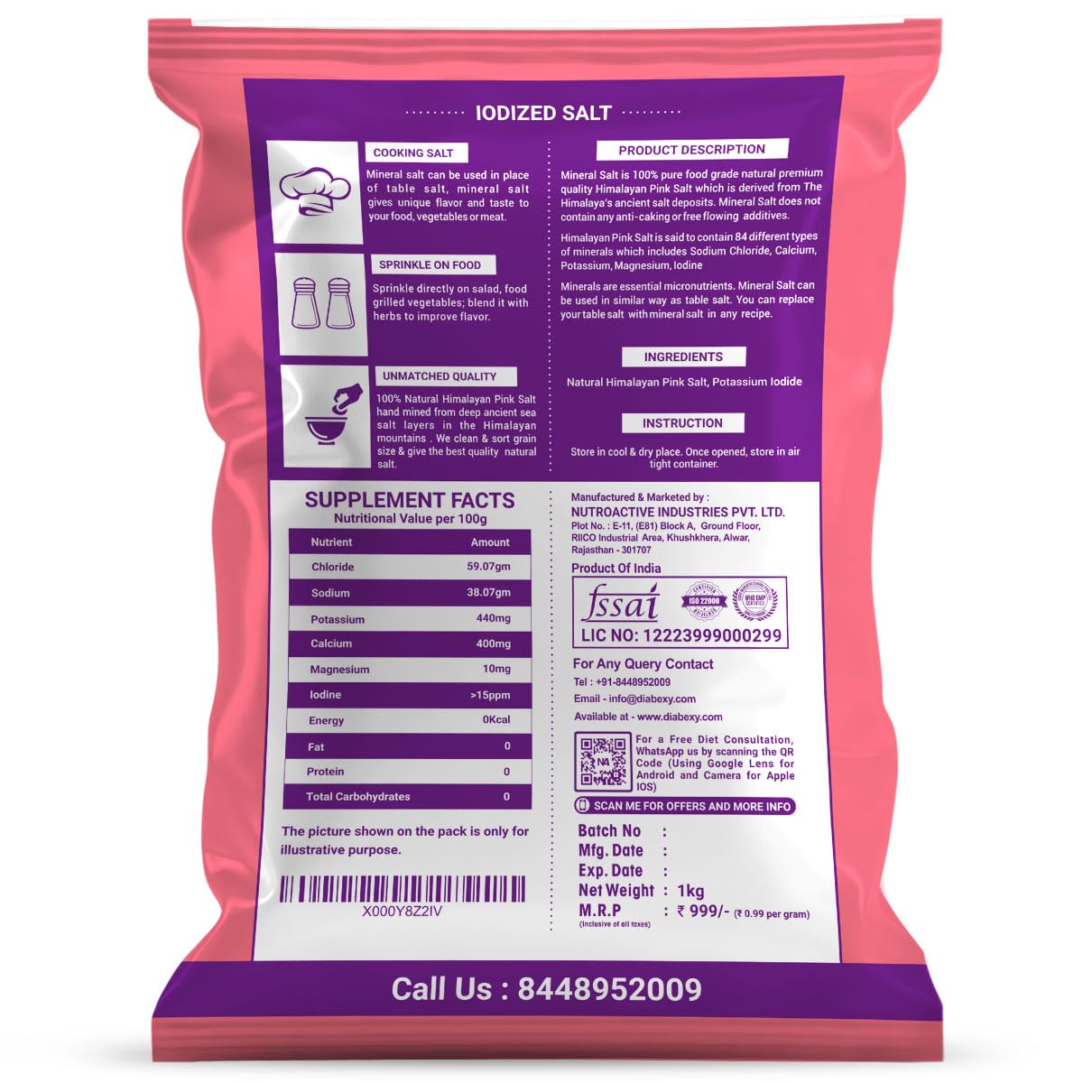 Nutroactive Mineralsalt Iodized Himalayan Pink Rock Salt Extra Fine Grain 1 Kg