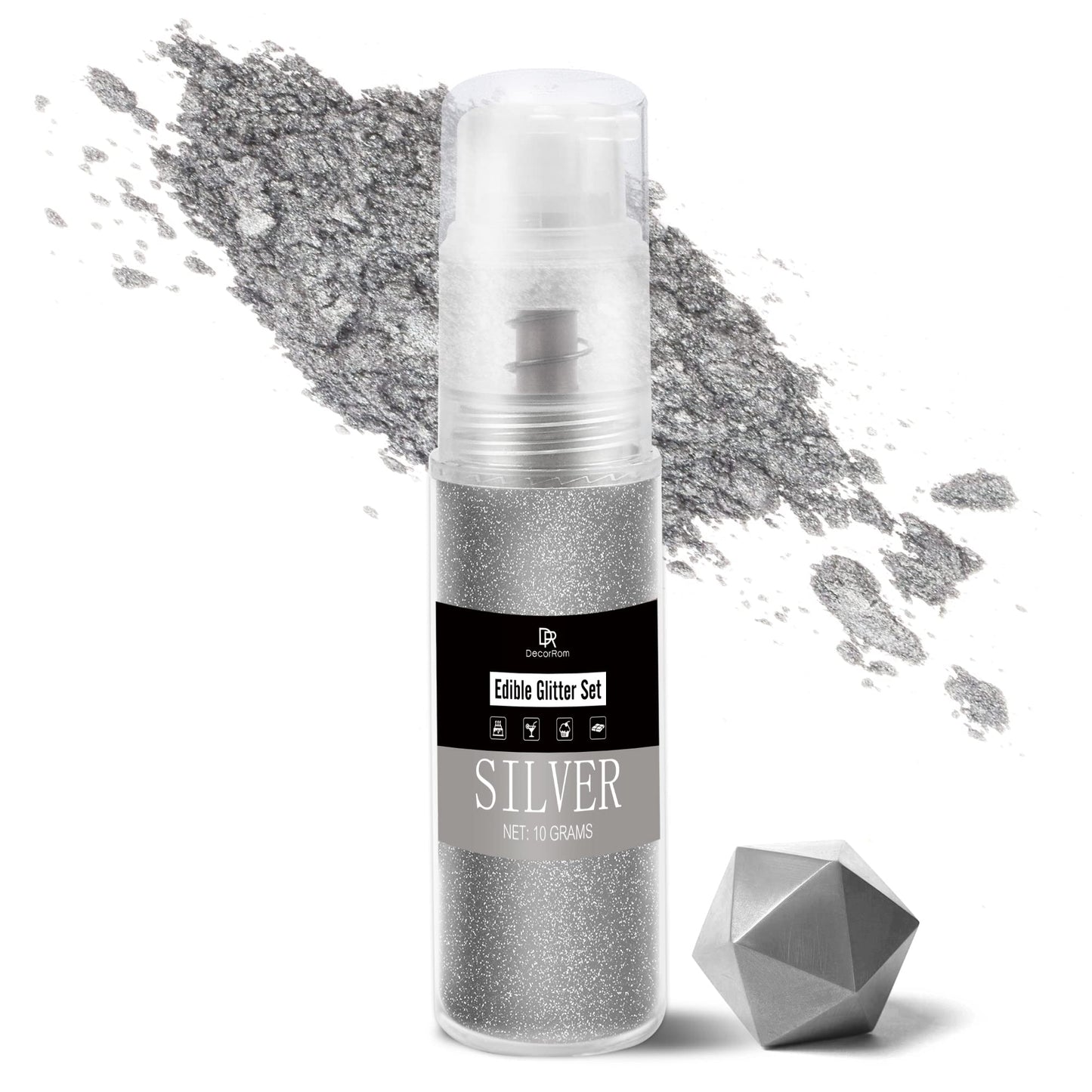 DecorRom Luster Dust Edible Set - 5 Food Grade Shimmer Powders in Spray Bottle - Silver Color