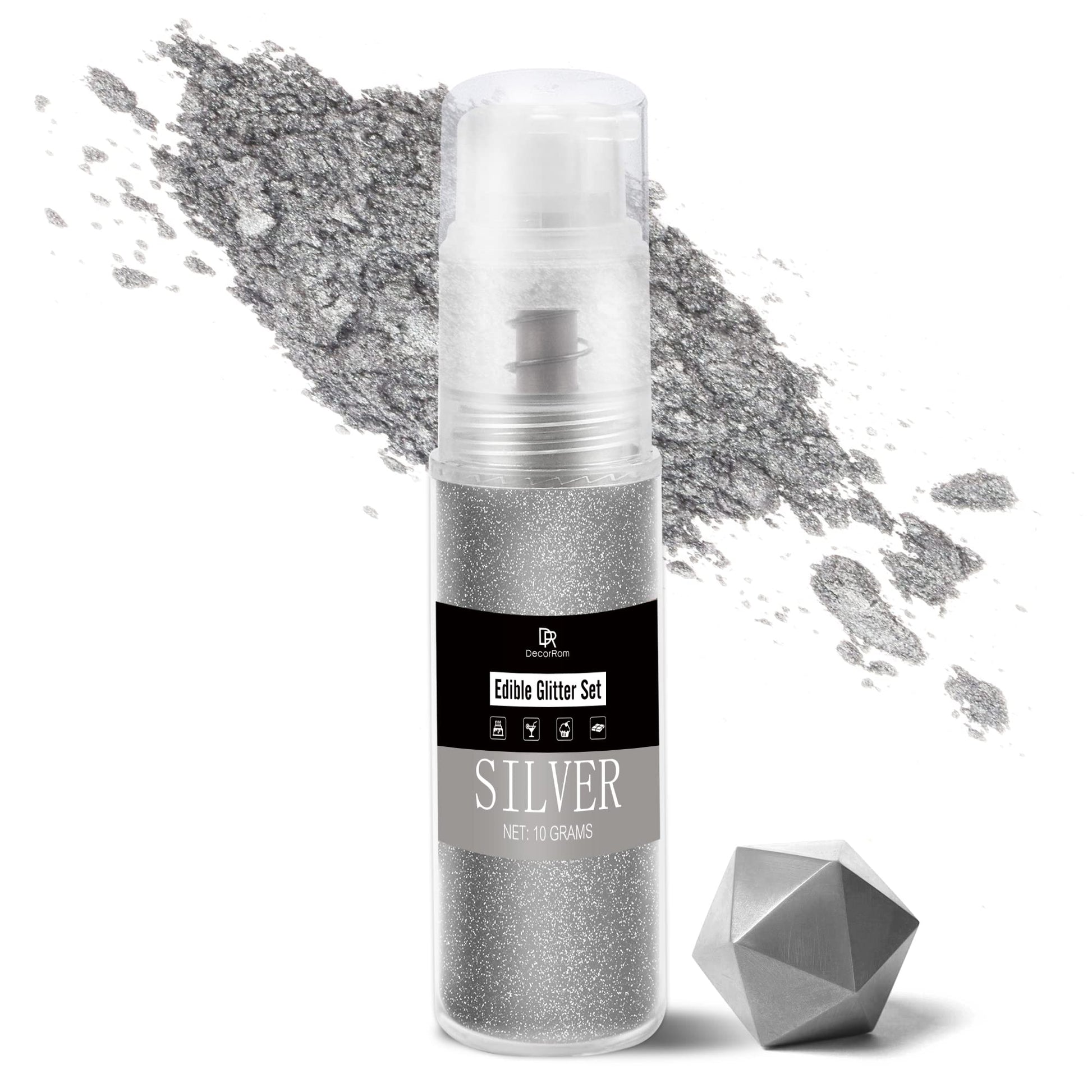 DecorRom Luster Dust Edible Set - 5 Food Grade Shimmer Powders in Spray Bottle - Silver Color