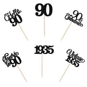 Rsstarxi 24 Pack Vintage 1935 Cupcake Toppers Glitter Eighty Hello 90 Cheers To 90 Fabulous Cupcake Picks Decorations For 90Th Birthday Wedding Anniversary Party Cake Decorations Black