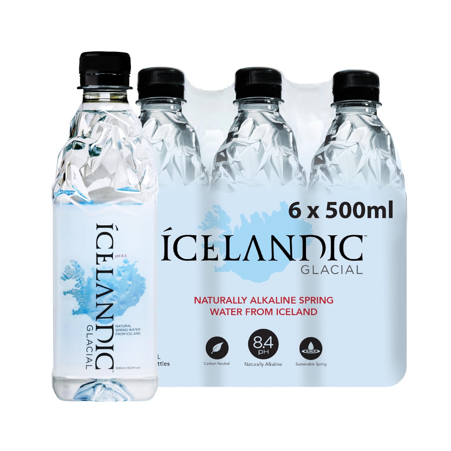 Icelandic Glacial Natural Spring Alkaline Water, 500 ml / 16.9 Fl Oz, Pack of 6