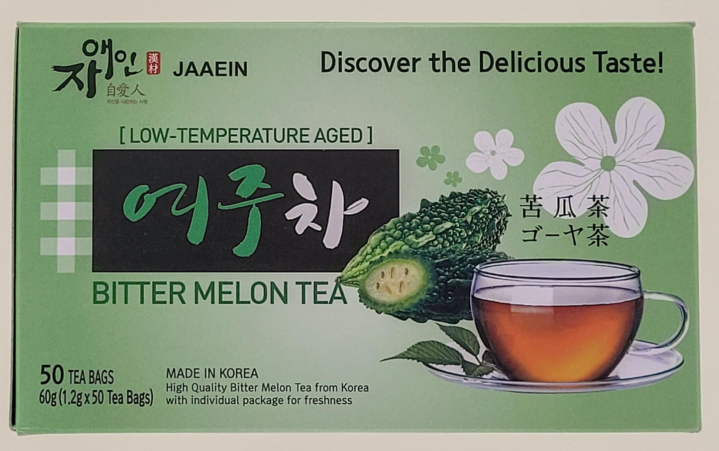JaAeIn Bitter Melon Tea - 100% Natural Korean Gohyah Fruit Tea, Caffeine-Free, Vegan, 50 Tea Bags
