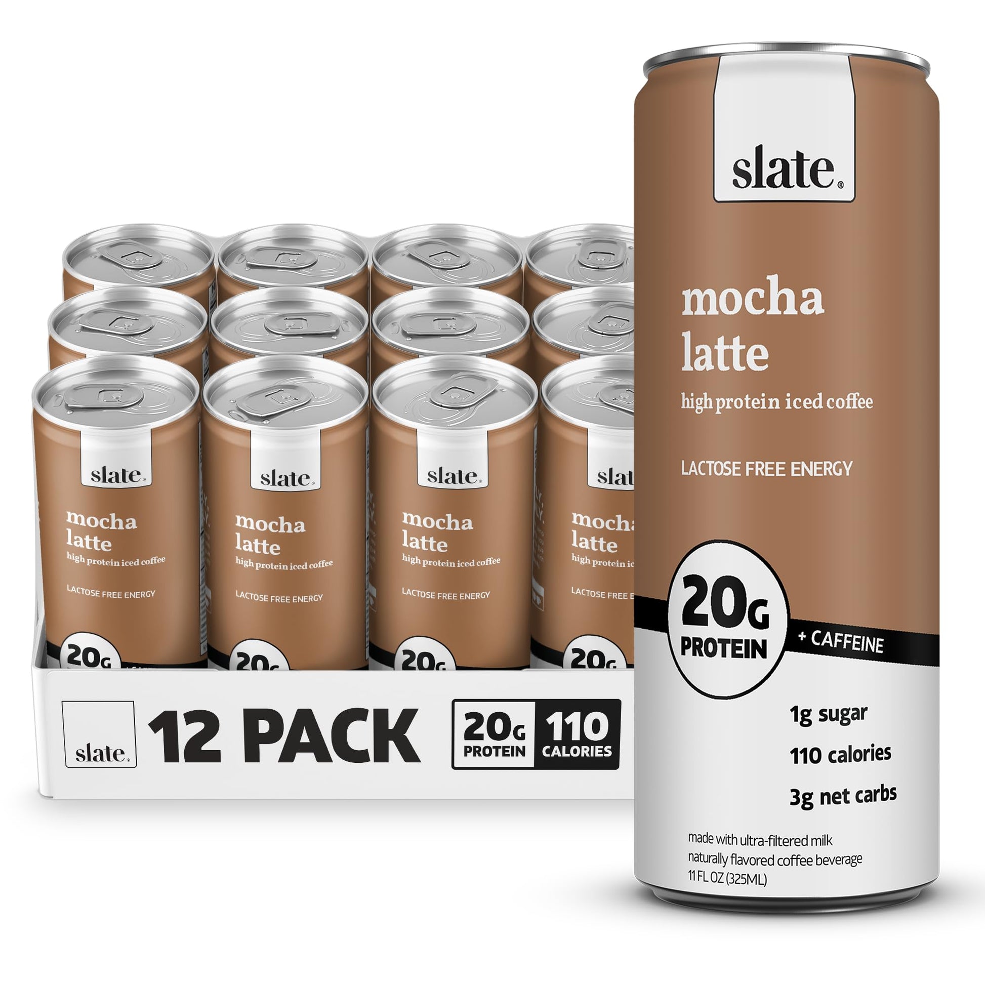 Slate High Protein Iced Coffee Mocha Latte - 20g Protein, 1g Sugar, 11 Fl Oz (Pack of 12)