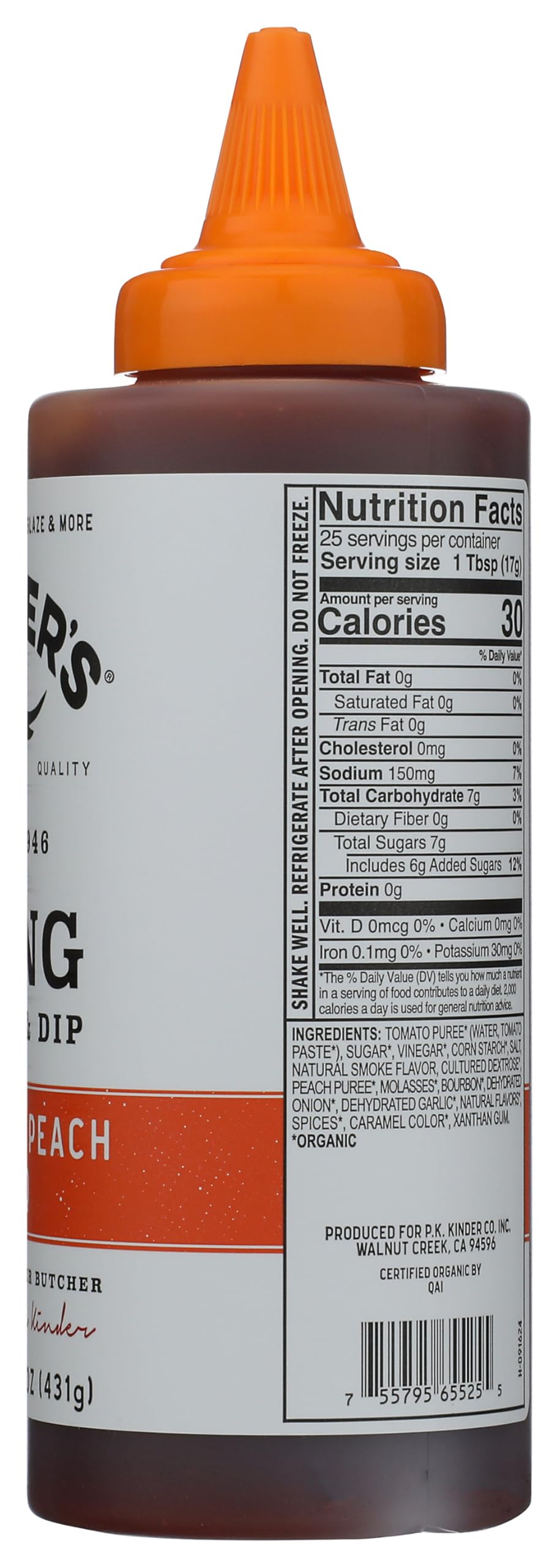 KINDERS Organic spirit-inspired flavor Peach BBQ Wing Sauce, 15.2 OZ, Model 0755795655255