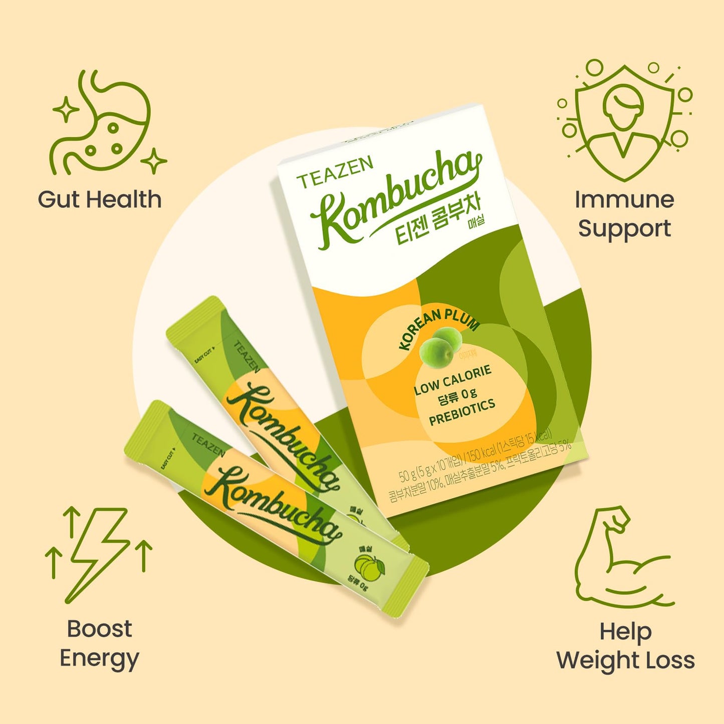 Teazen Korean Plum Kombucha Tea, Electrolyte Powder & Hydration Drink Mix, Sugar Free, Live Probiotics & Prebiotics, 10 Sticks,
