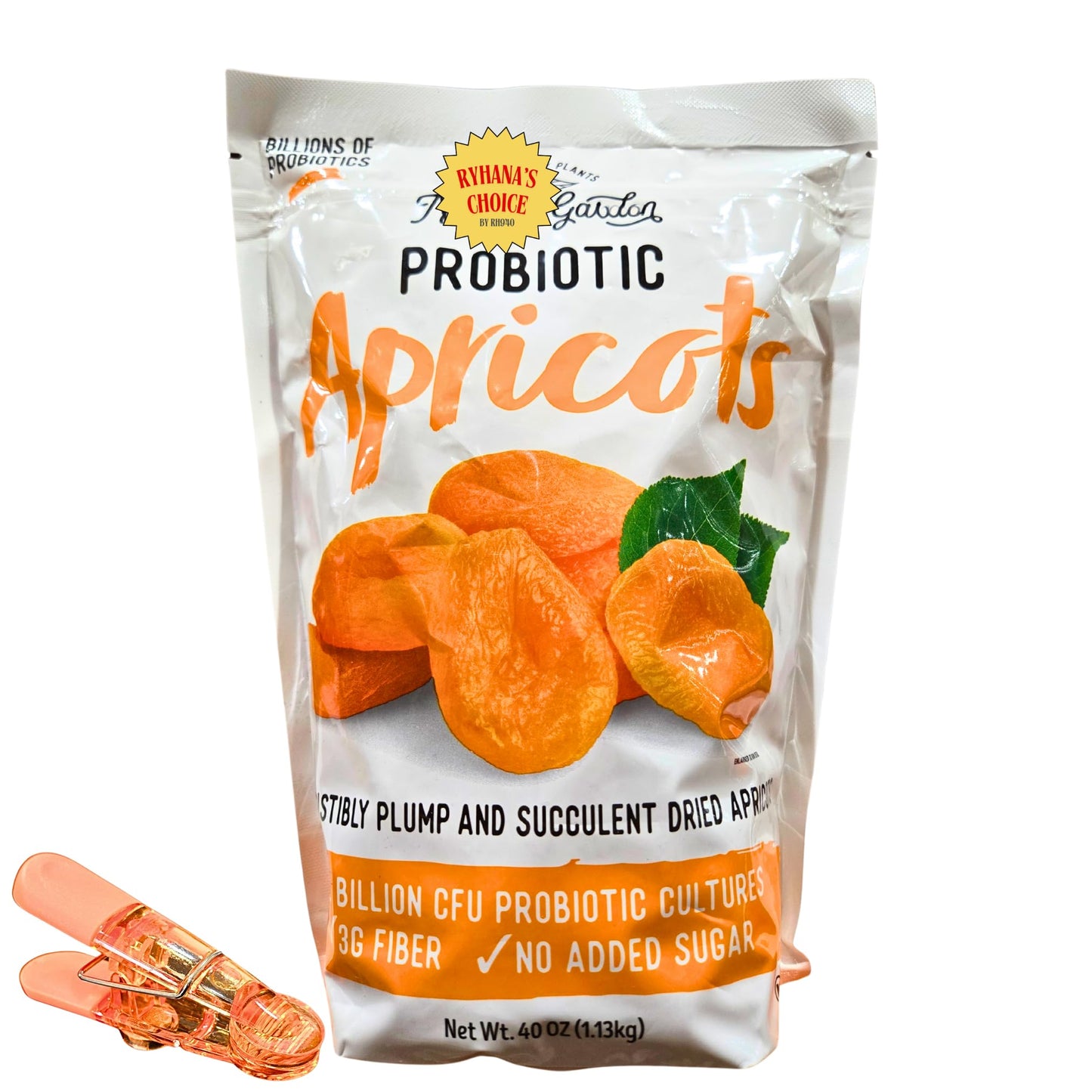 Probiotic Dried Apricots, No Added Sugar, 40 oz, High Fiber with Bonus Bag Sealer Clip by RH940