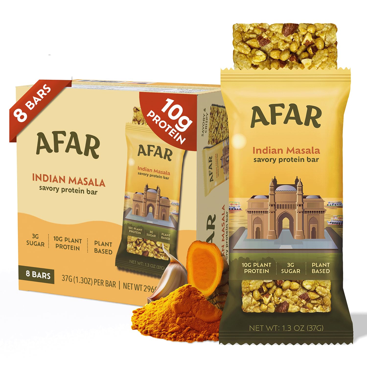 Afar Savory Protein Bars, Low Sugar, High Protein, Vegan, Gluten Free, Meal Replacement, 1 Count (Pack of 8), Indian Masala Flavor