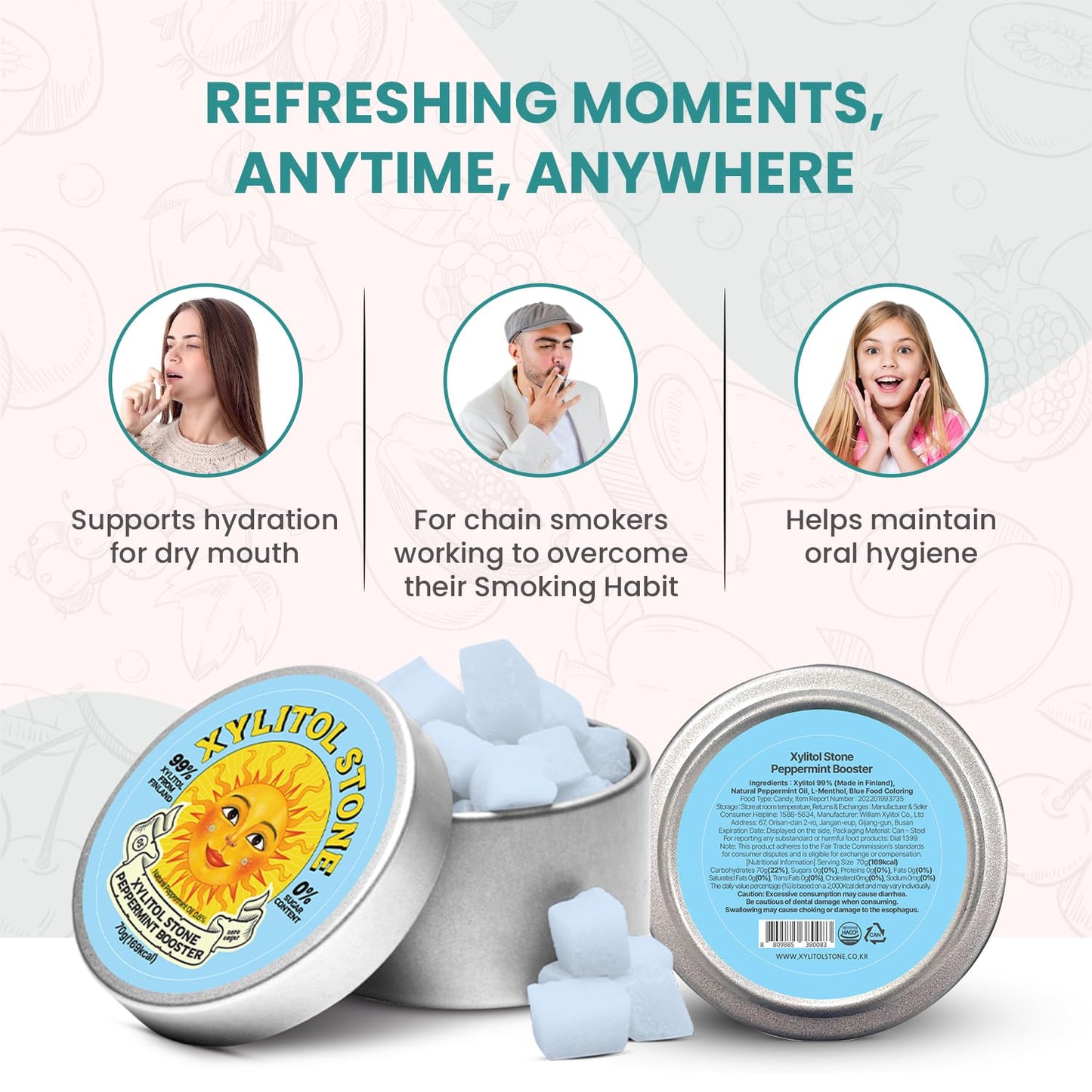 Xylitol Stone | Delicious Sugar Free Candy | 100% Finnish Xylitol Mints | Health Conscious Snacks | Refreshing Breath Mints | Unique Hard Candy Gift (Peppermint Booster Flavor)