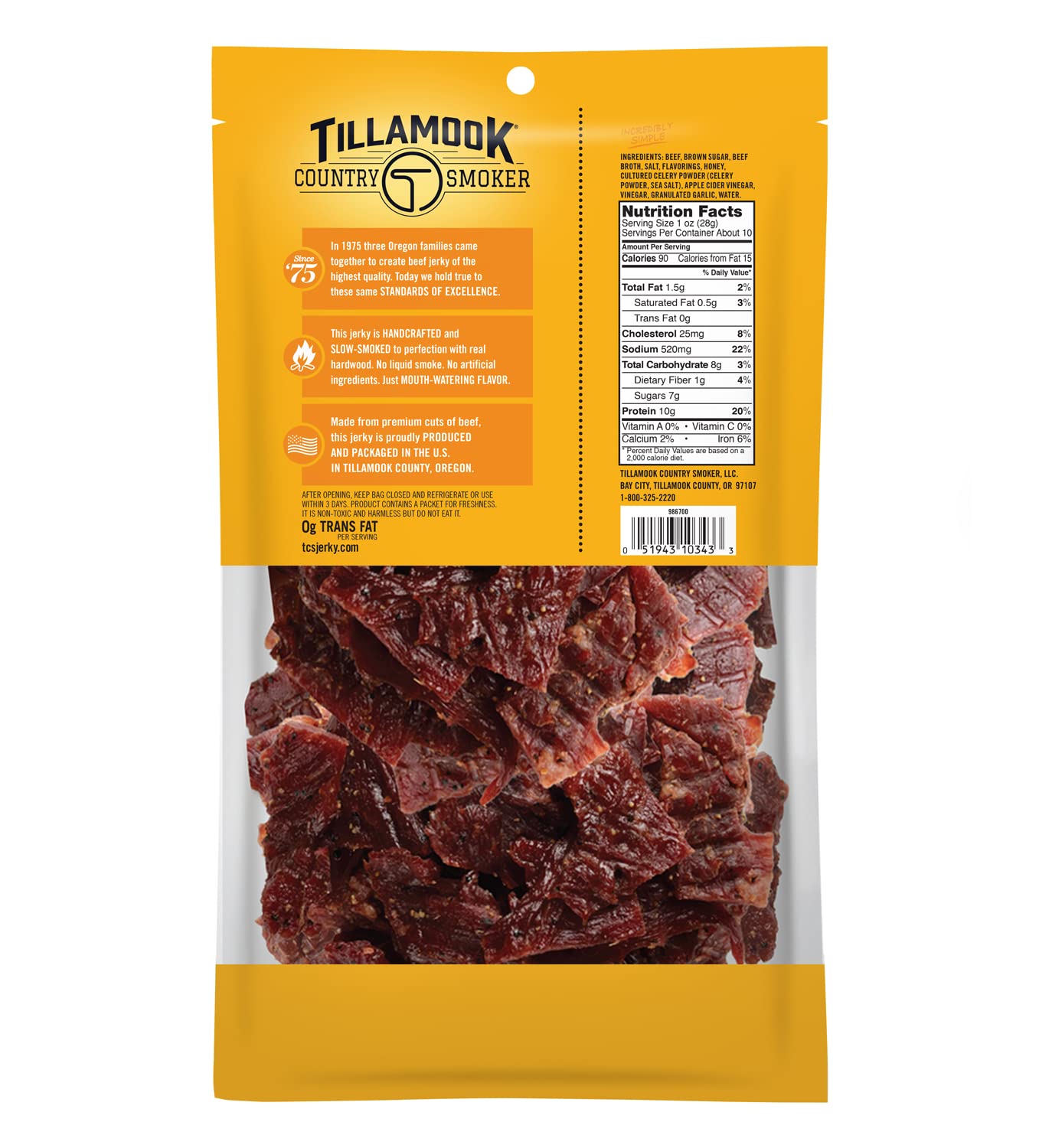 Tillamook Country Smoker Beef Jerky, Real Hardwood Smoked, Honey Glazed, 10 Ounce