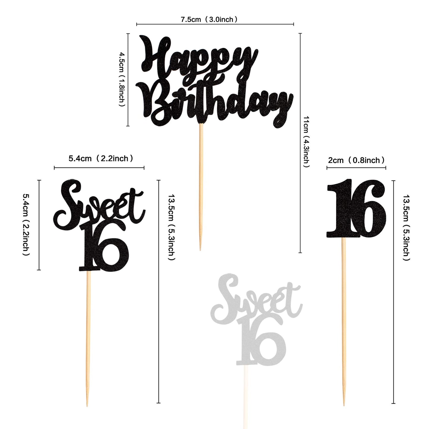 Ercadio 36 Pack Black Sweet 16 Cupcake Toppers Sixteen Happy Birthday Cake Picks Decorations For 16Th Birthday Party Supplies